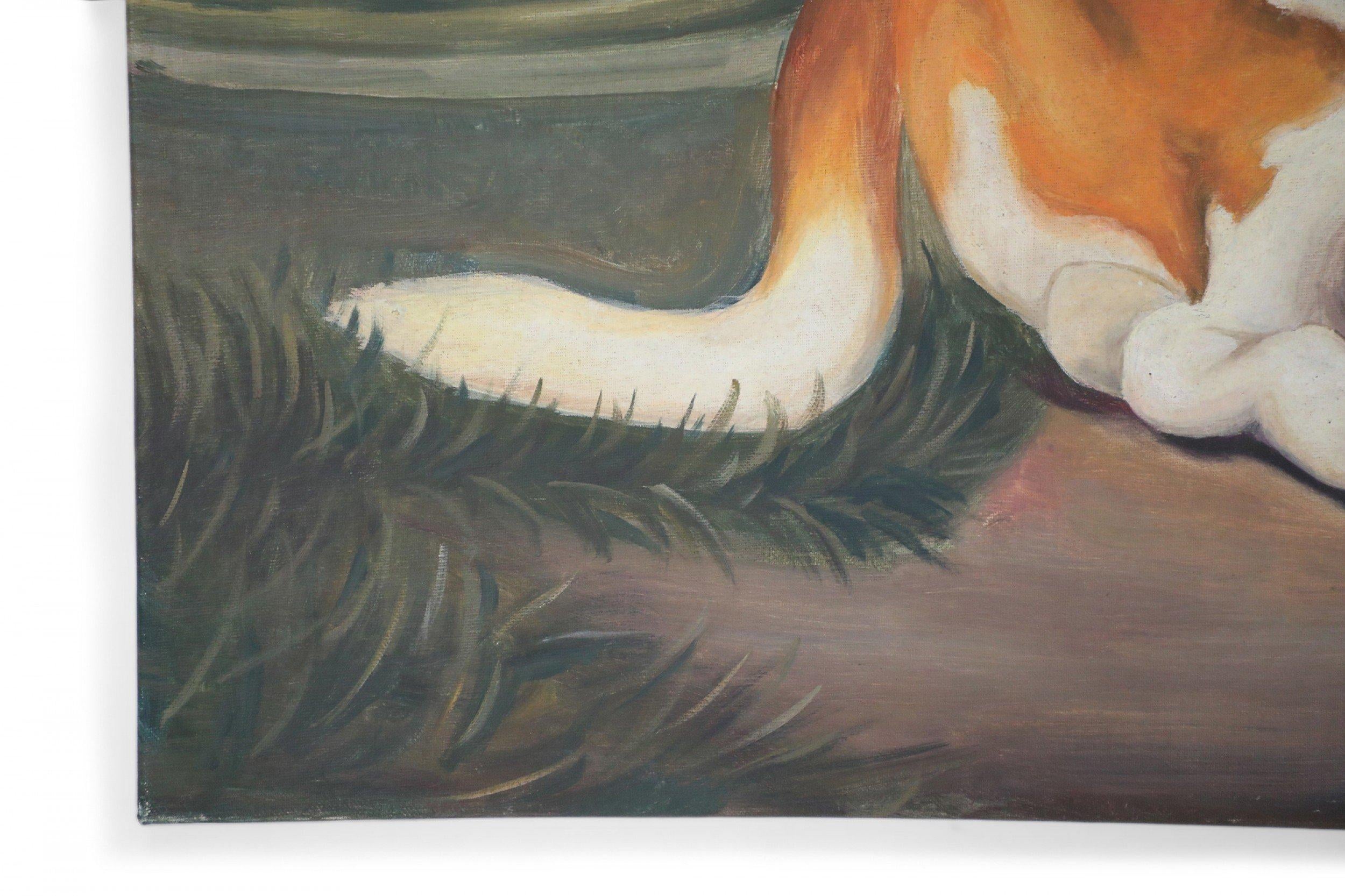 Mid-Century Modern Portrait d'un chien de basset dans la nature, peinture sur toile en vente