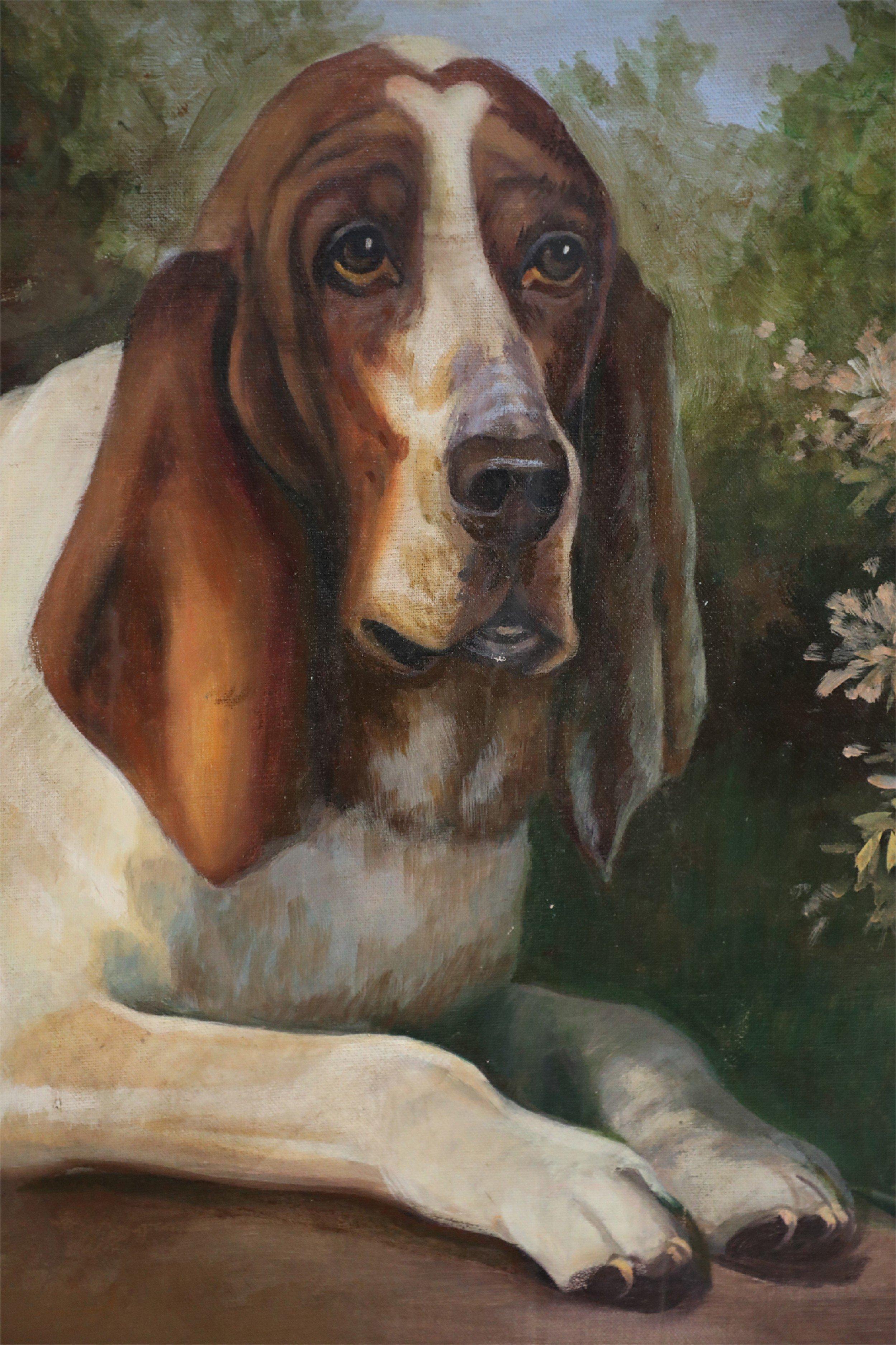 Oiled Portrait of a Basset Hound in Nature Painting on Canvas For Sale