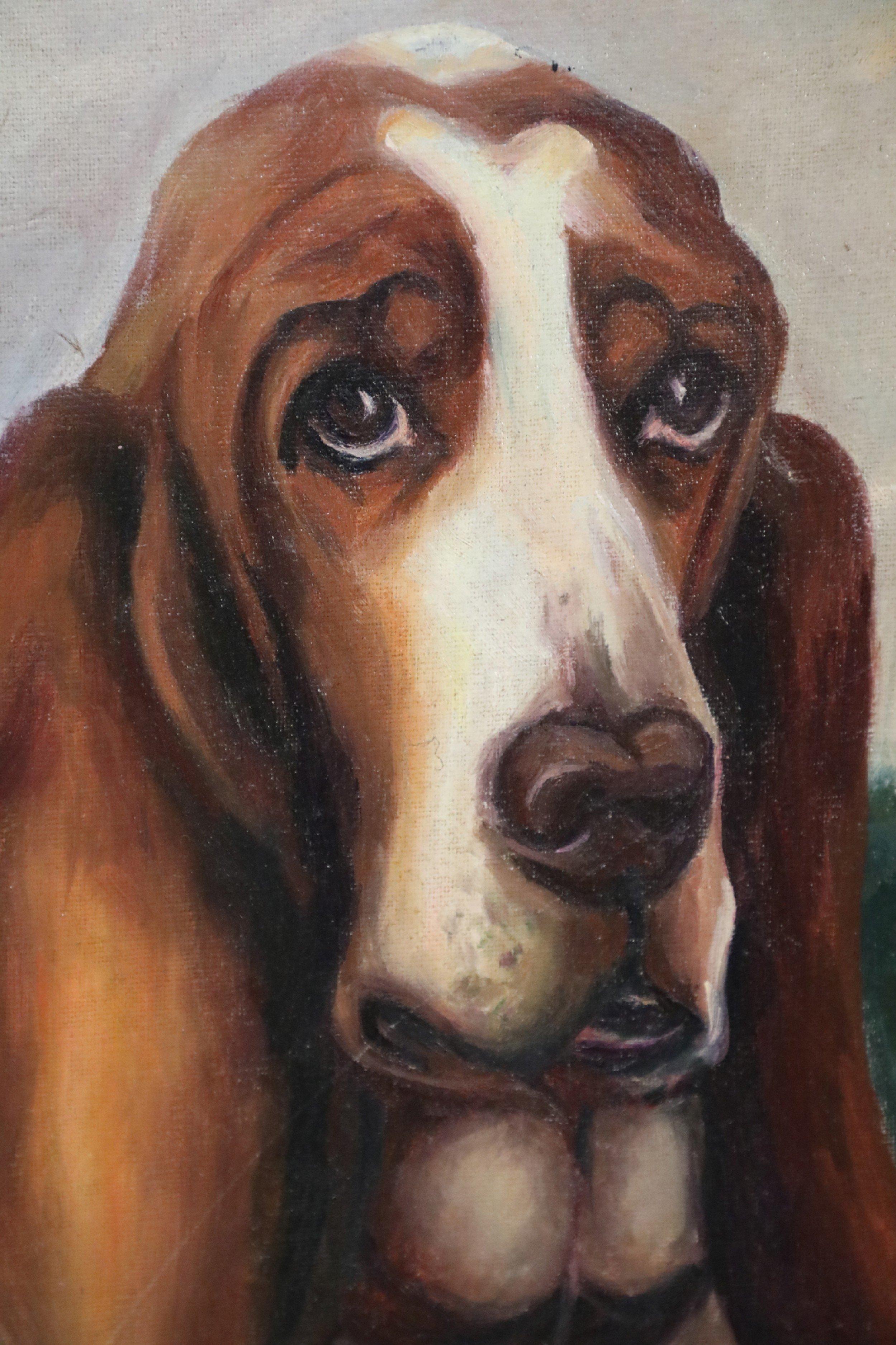 Huilé Portrait d'un chien de basset dans la nature, peinture sur toile en vente