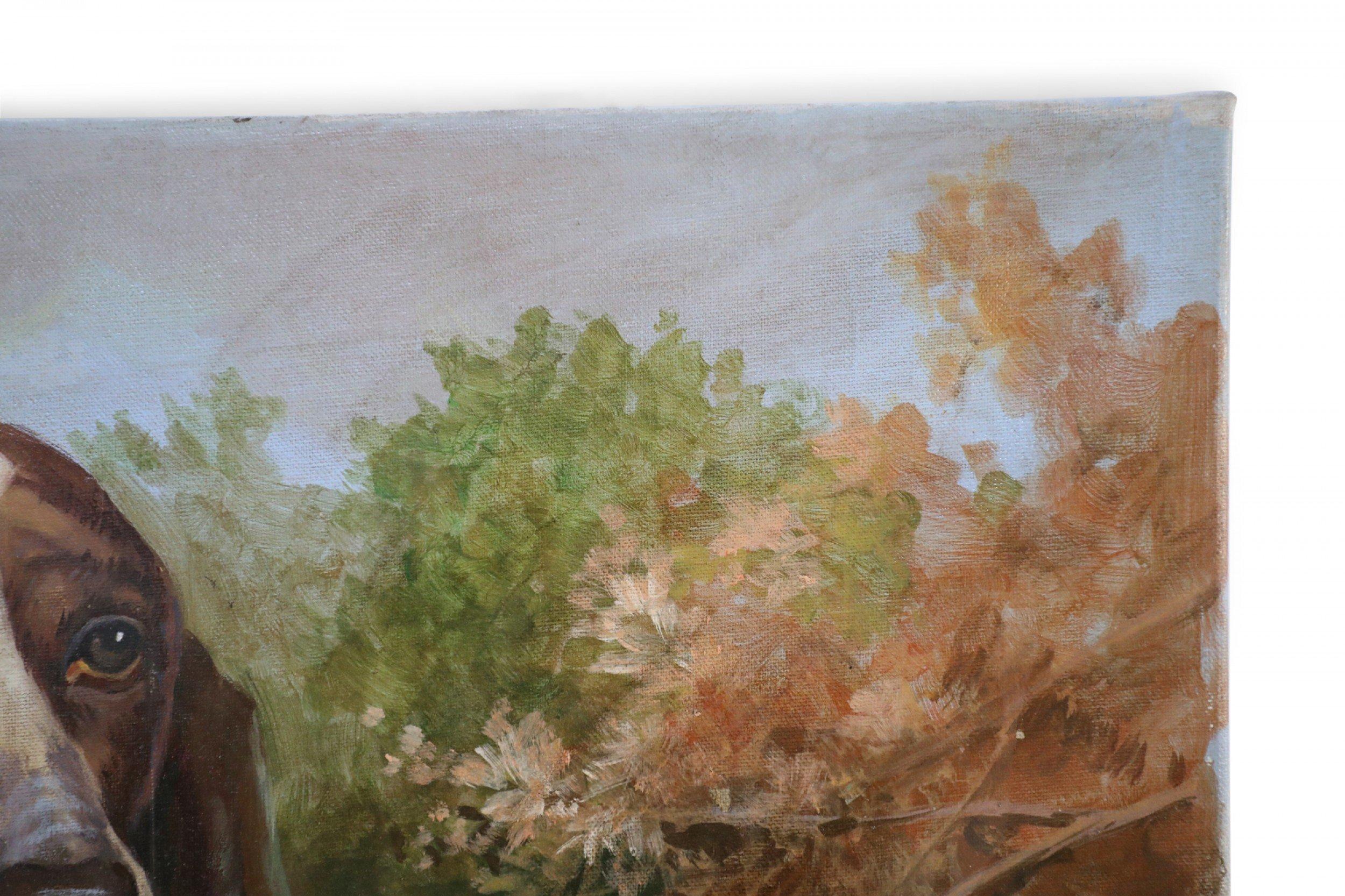 20ième siècle Portrait d'un chien de basset dans la nature, peinture sur toile en vente