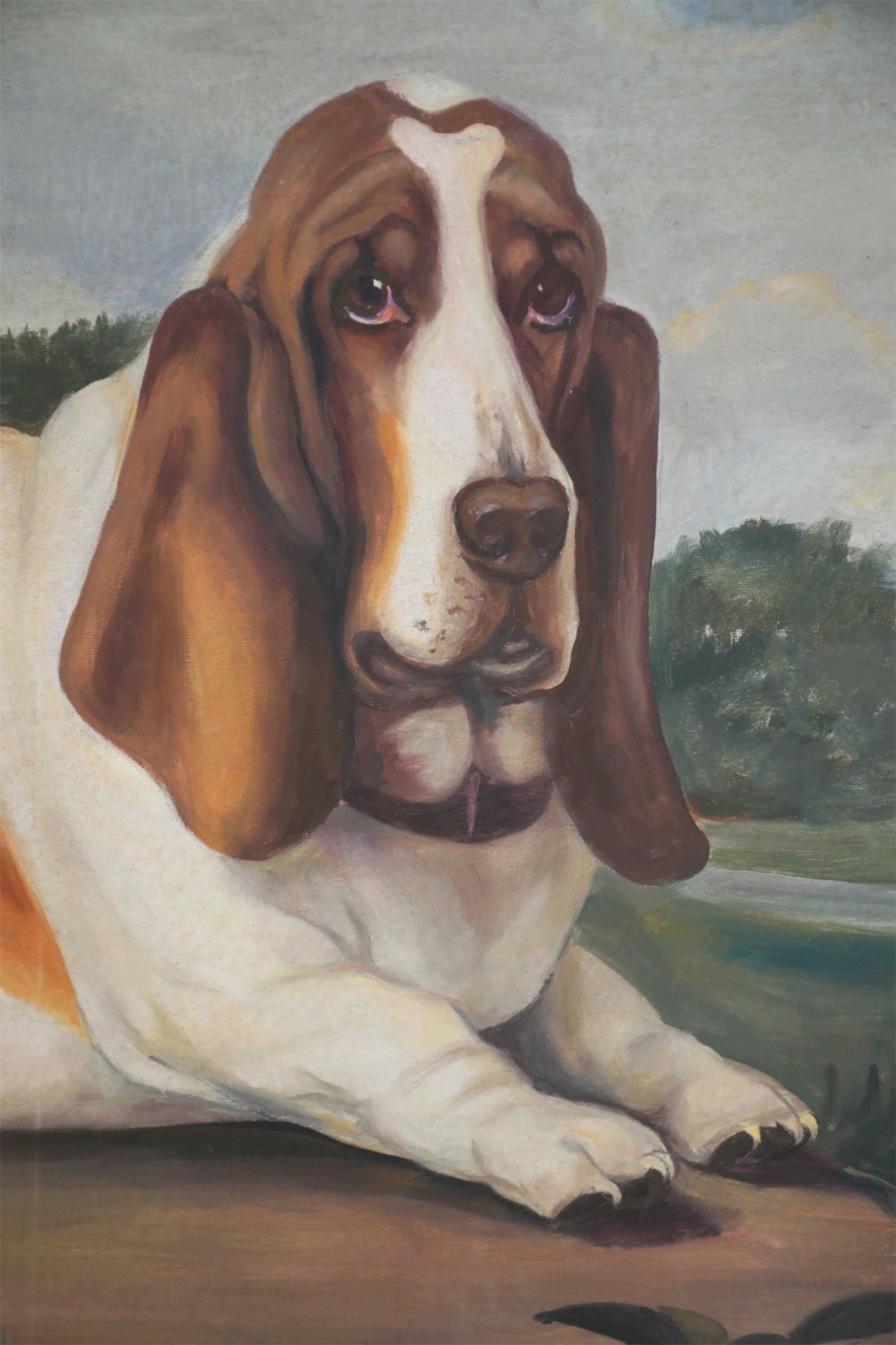 Porträt eines Basset-Hunds in Natur, Gemälde auf Leinwand (20. Jahrhundert) im Angebot