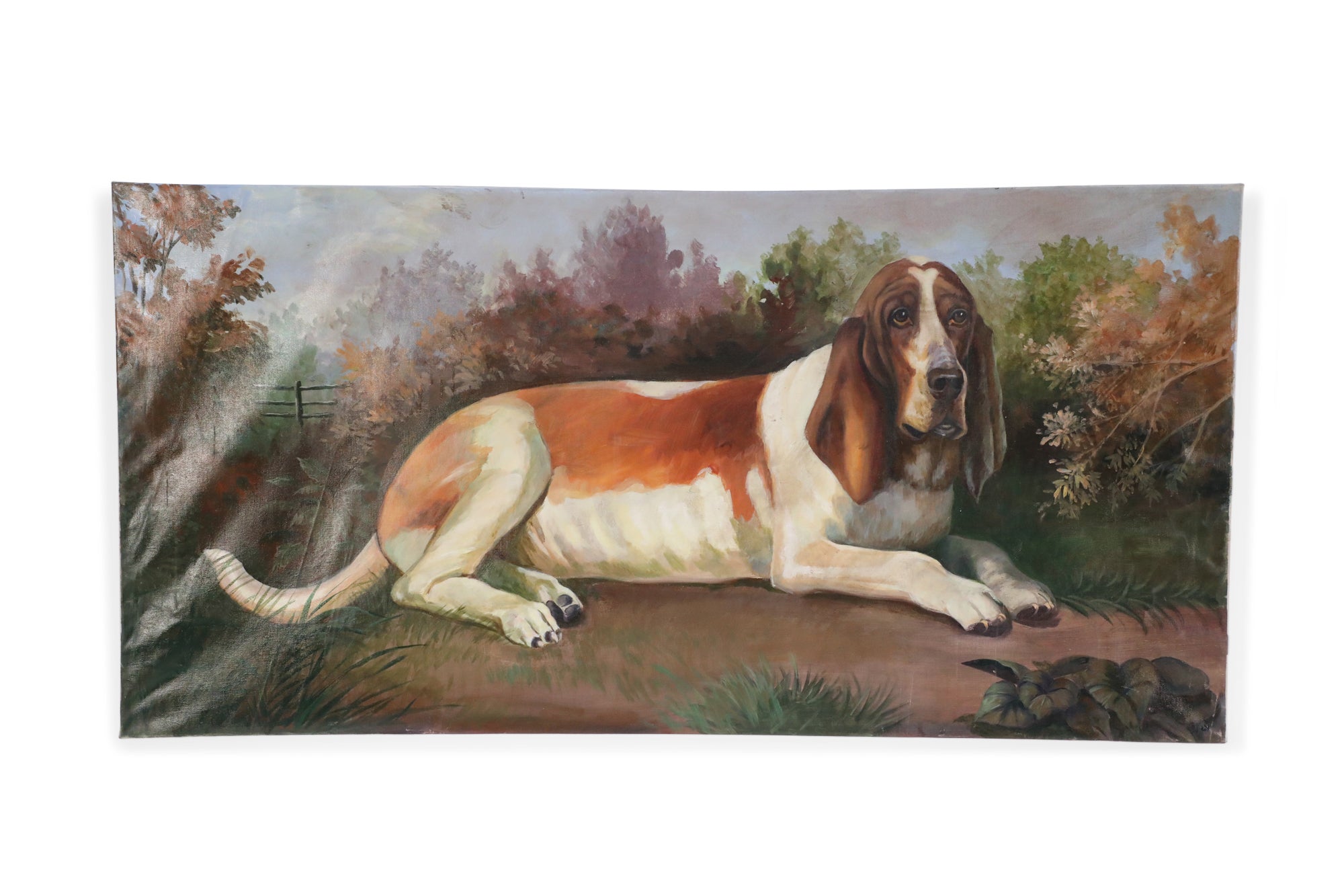 Portrait of a Basset Hound in Nature Painting on Canvas For Sale