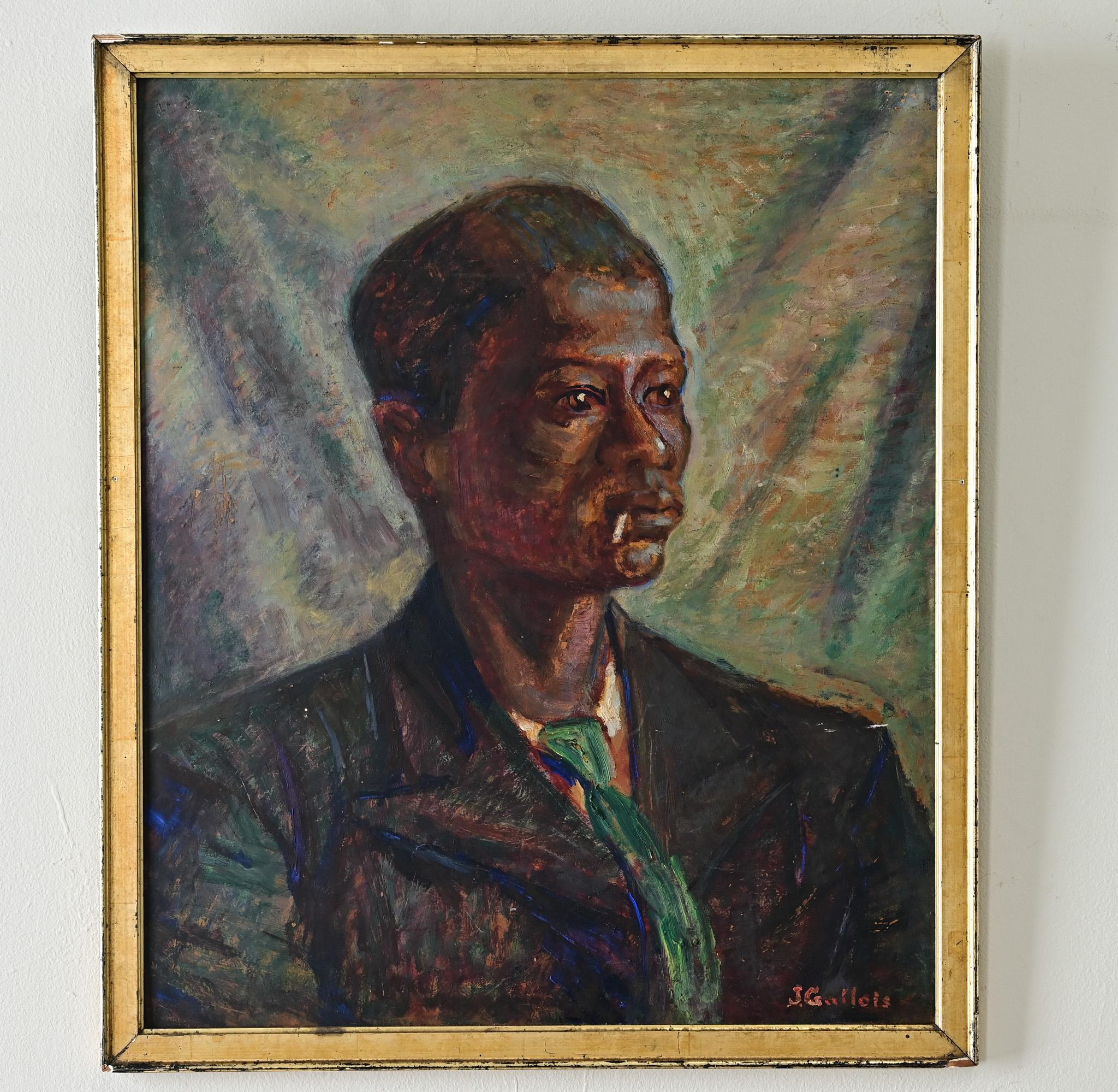 This emotive French post-impressionist painting is signed by the artist, J. Gallois, with additional identification of historical context affixed to the paper backing on reverse. The portrait subject’s striking features and jaunty necktie are set