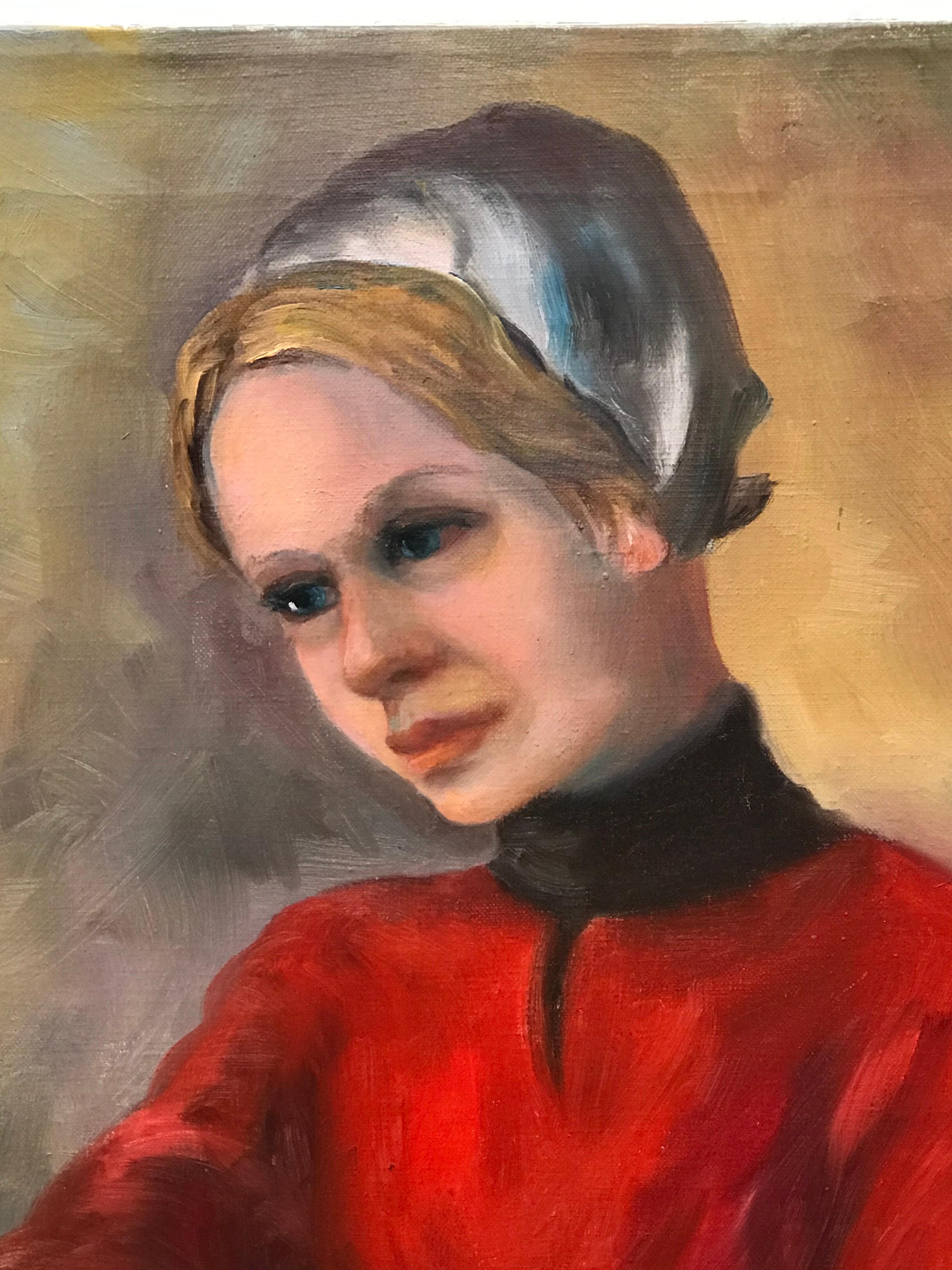 This portrait features a blonde lady in a red dress wearing a white beanie. The artwork is an oil painting by an unknown artist. The subject's expression conveys a sense of melancholy coupled with some bleakness. The artist gave the woman emotional
