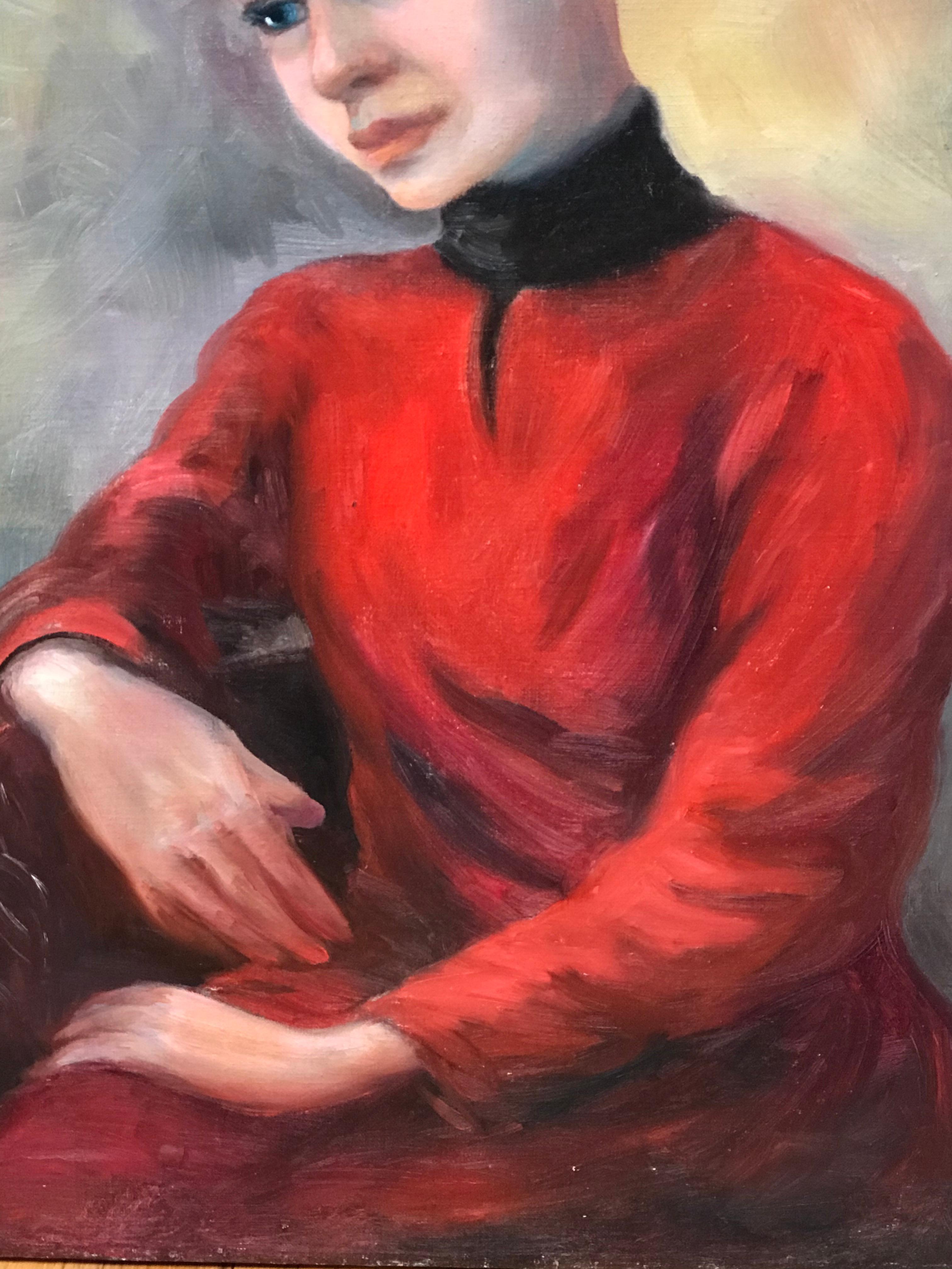 Modern Portrait of a Blonde Girl in a Red Dress Wearing a White Beanie, Oil on Canvas For Sale