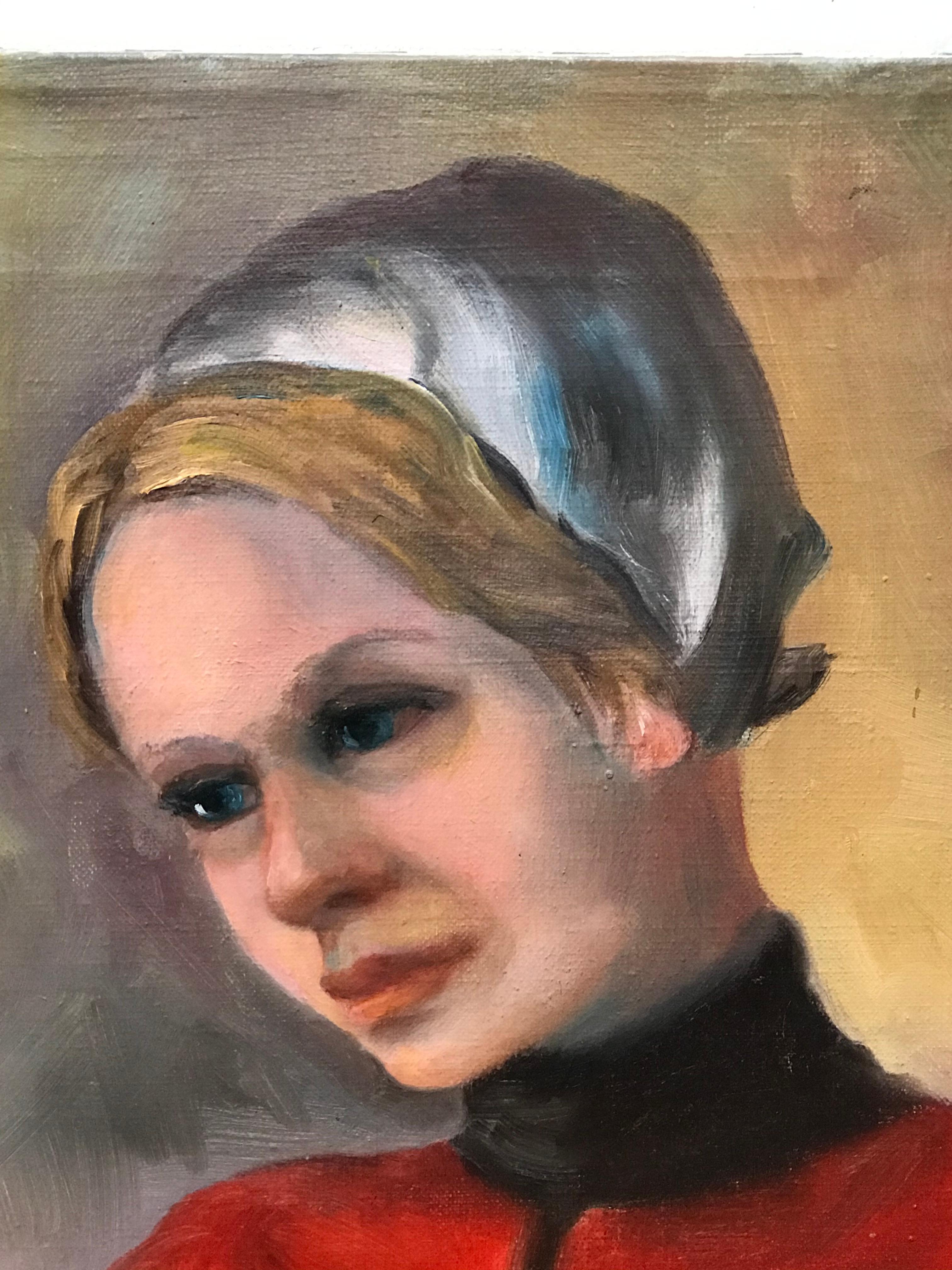 Unknown Portrait of a Blonde Girl in a Red Dress Wearing a White Beanie, Oil on Canvas For Sale