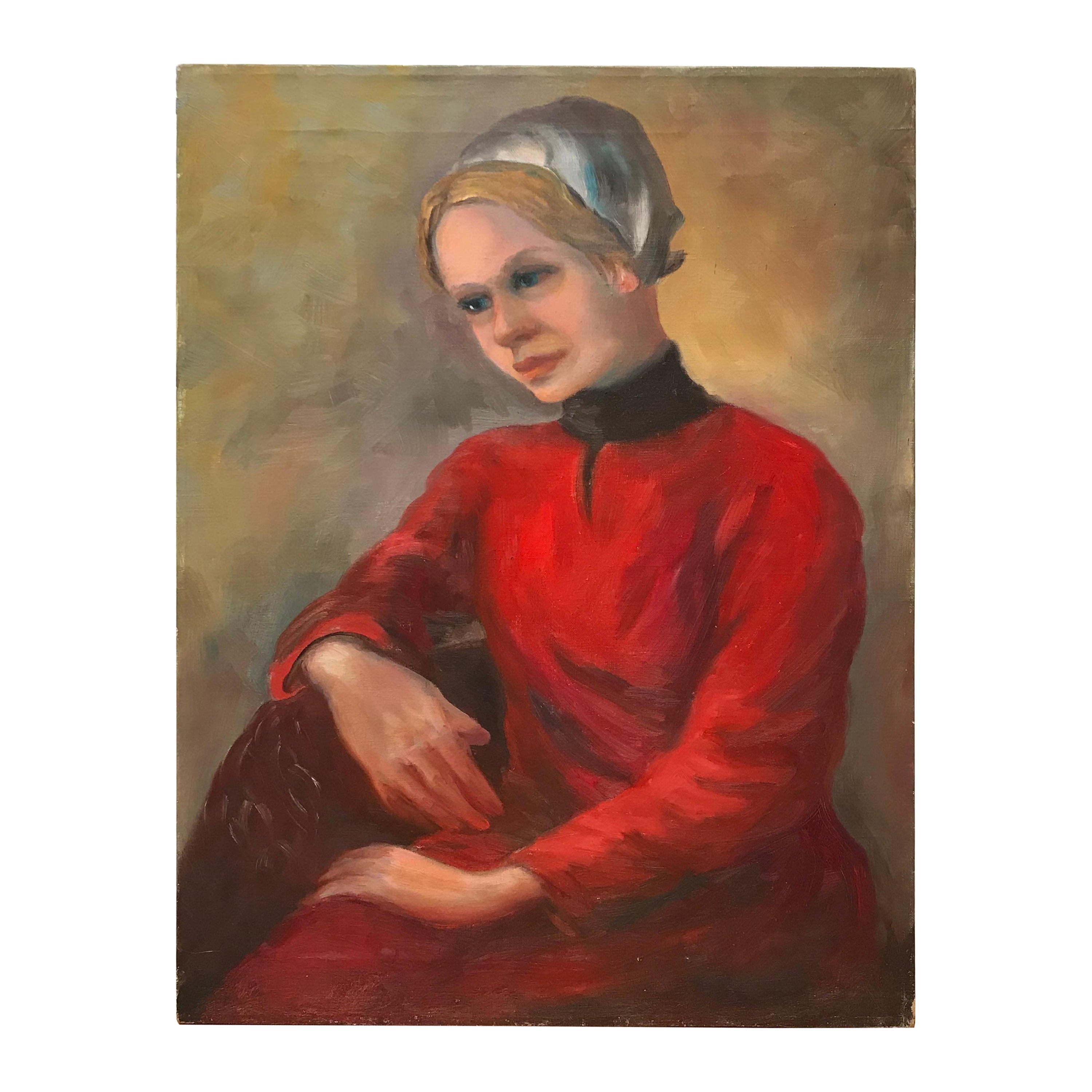 Portrait d'une jeune fille blonde portant une robe rouge et une chemise blanche, huile sur toile en vente