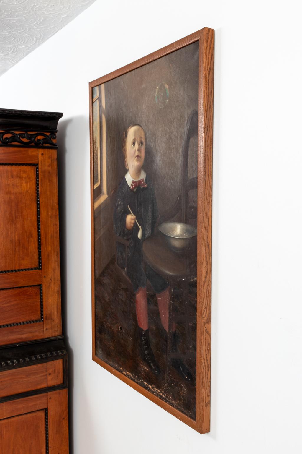 Portrait of a boy blowing bubbles, circa 19th century. The medium of this piece is oil on canvas. Made in Holland. Restoration including some small repairs. Please note of wear consistent with age including some flaking at bottom.