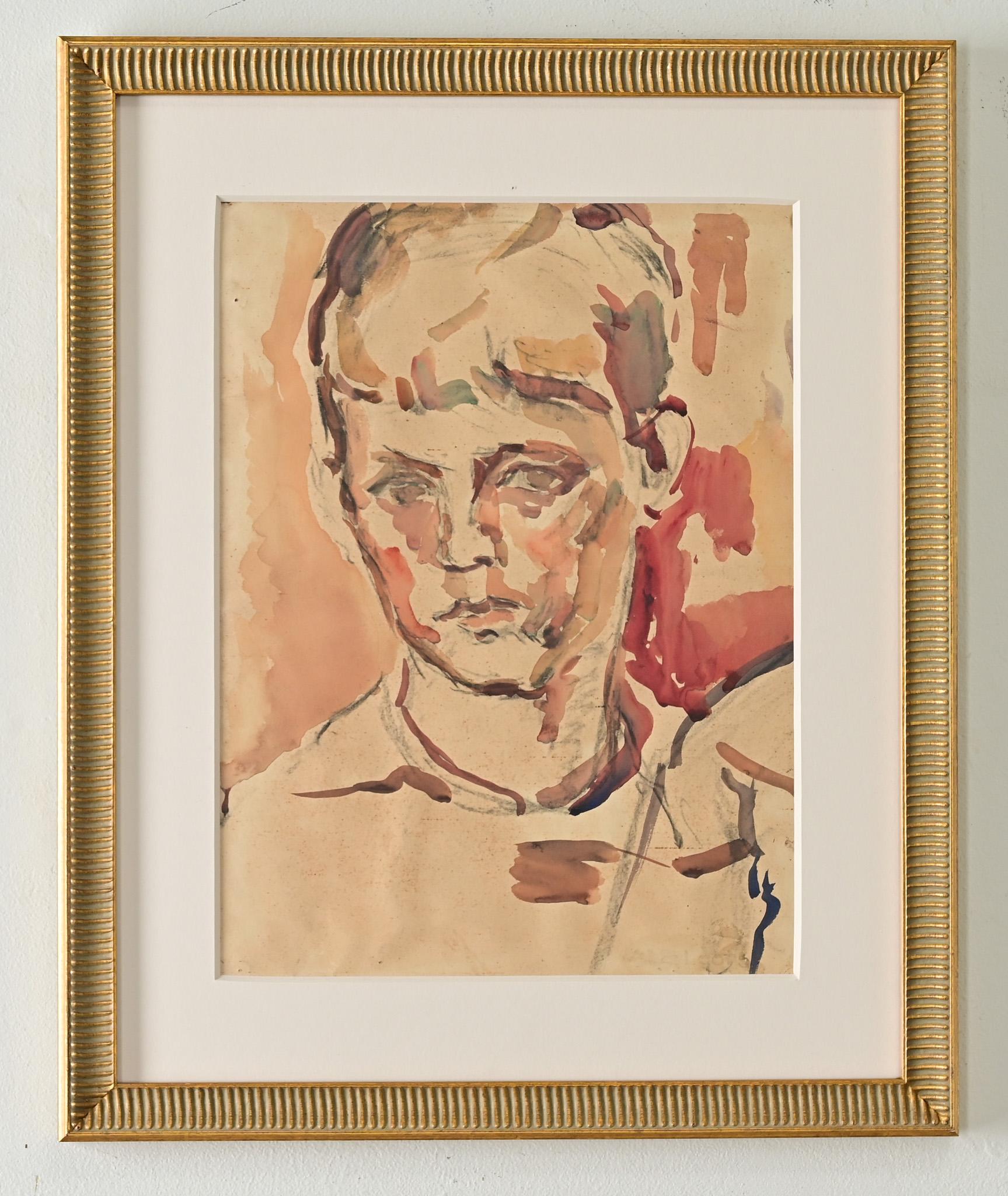 Dieses bezaubernde Aquarell auf Papier zeigt das Porträt eines Jungen mit schüchternem Gesichtsausdruck, dessen Gesicht in Rosen- und Azaleentönen erstrahlt. Gerahmt mit einem neuen Passepartout, Schutzglas und einem ergänzenden vergoldeten Rahmen.