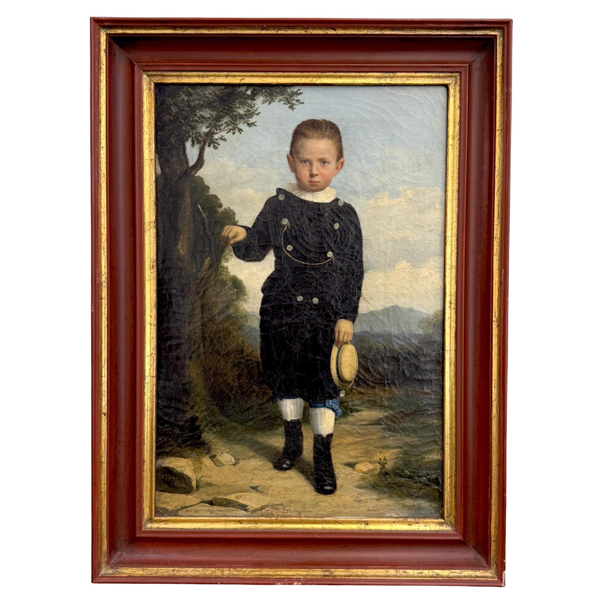 Retrato de un niño en un paisaje, por el monogramista MW, siglo XIX en venta