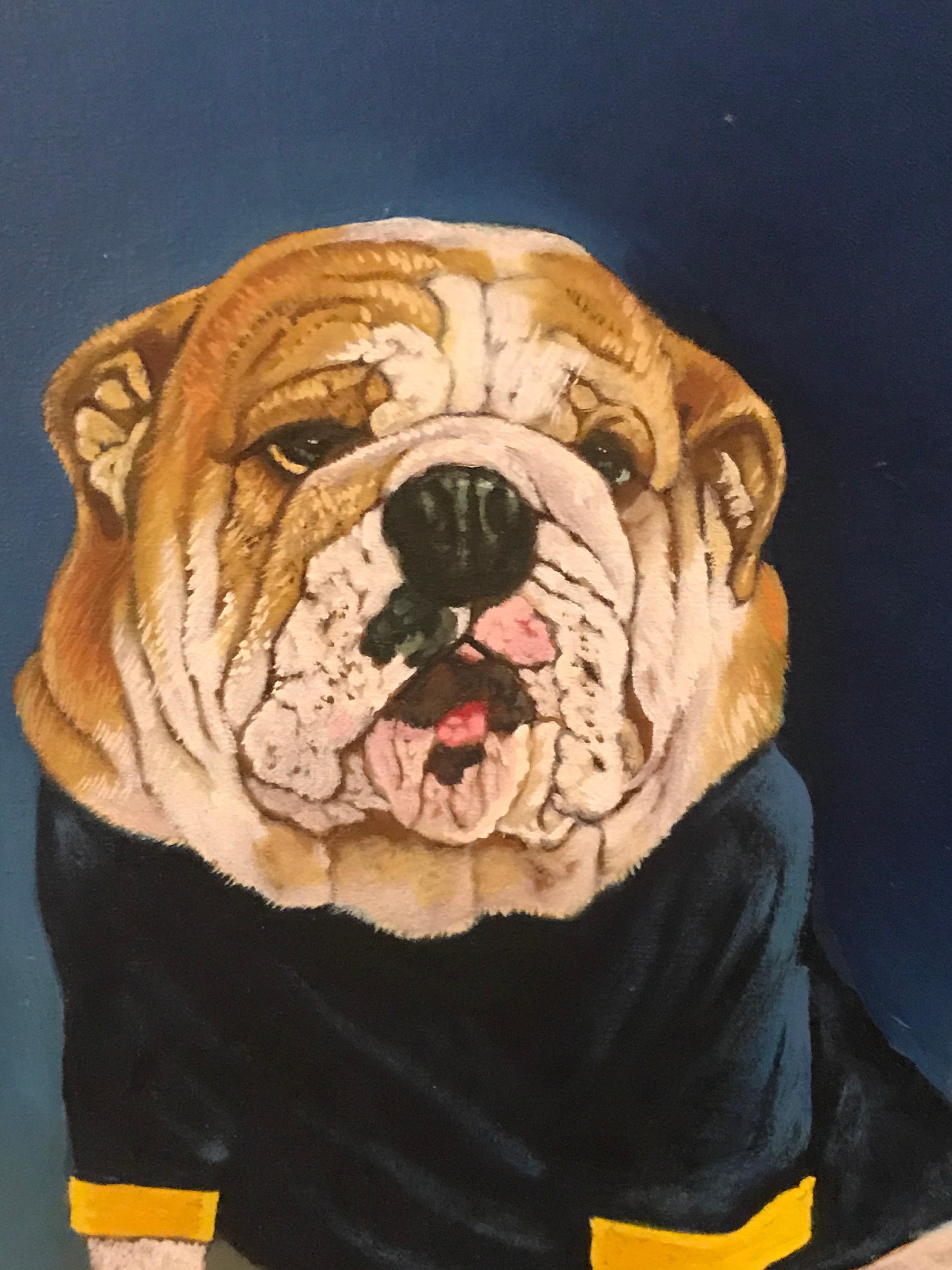 This oil painting on canvas from the 1960s captures the spirit of an English bulldog in all its glory. The signature is eligible.
The artist, whose signature is illegible, has captured the proud and confident expression of the bulldog perfectly, as