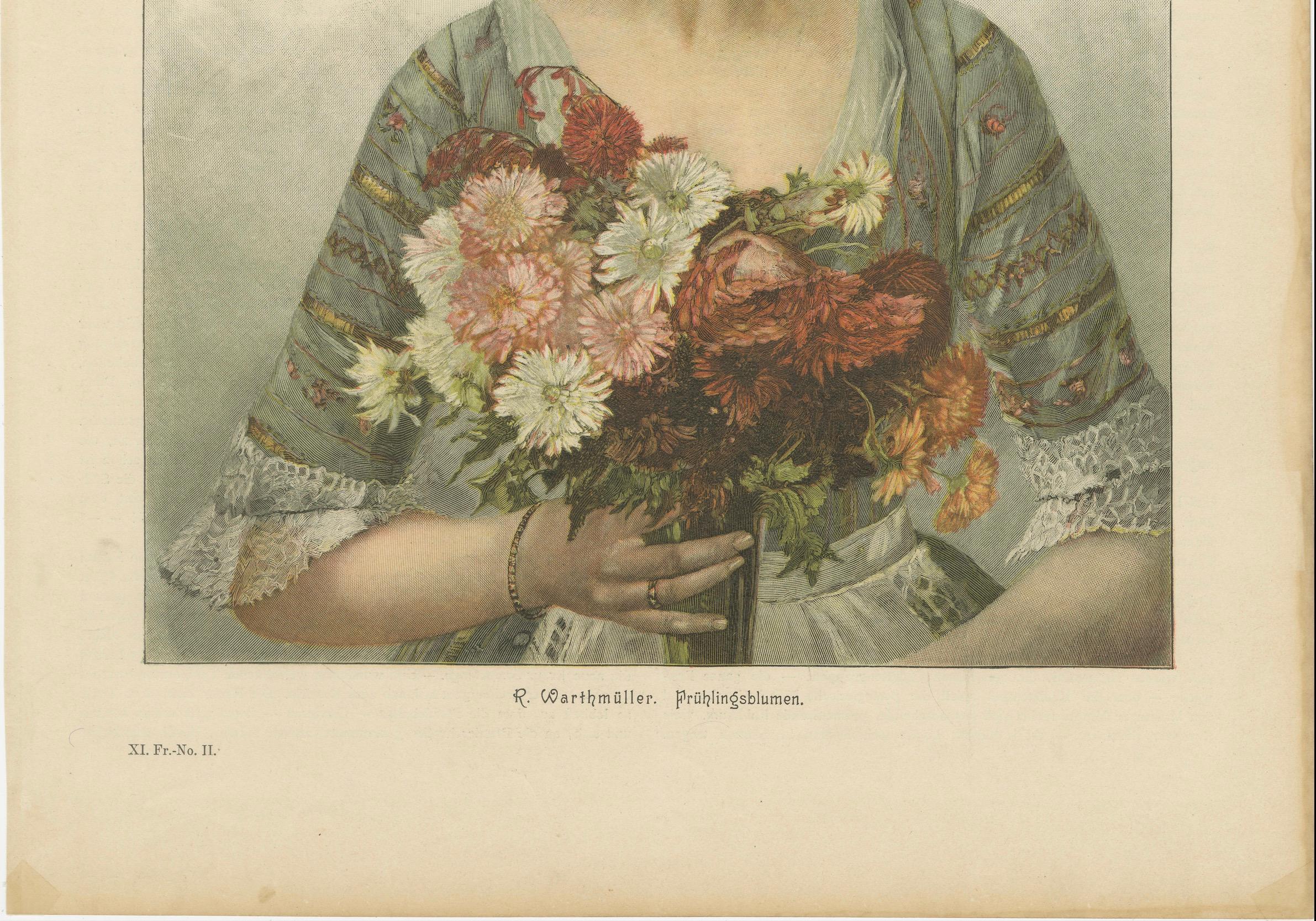 Titel: Bildnis eines Blumenmädchens - Chromolithographie von Warthmüller aus dem 19.

Beschreibung:
Diese bezaubernde Chromolithographie mit dem Titel *Frühlingsblumen* aus dem 19. Jahrhundert wurde von dem Künstler R. Warthmüller geschaffen. Dieser