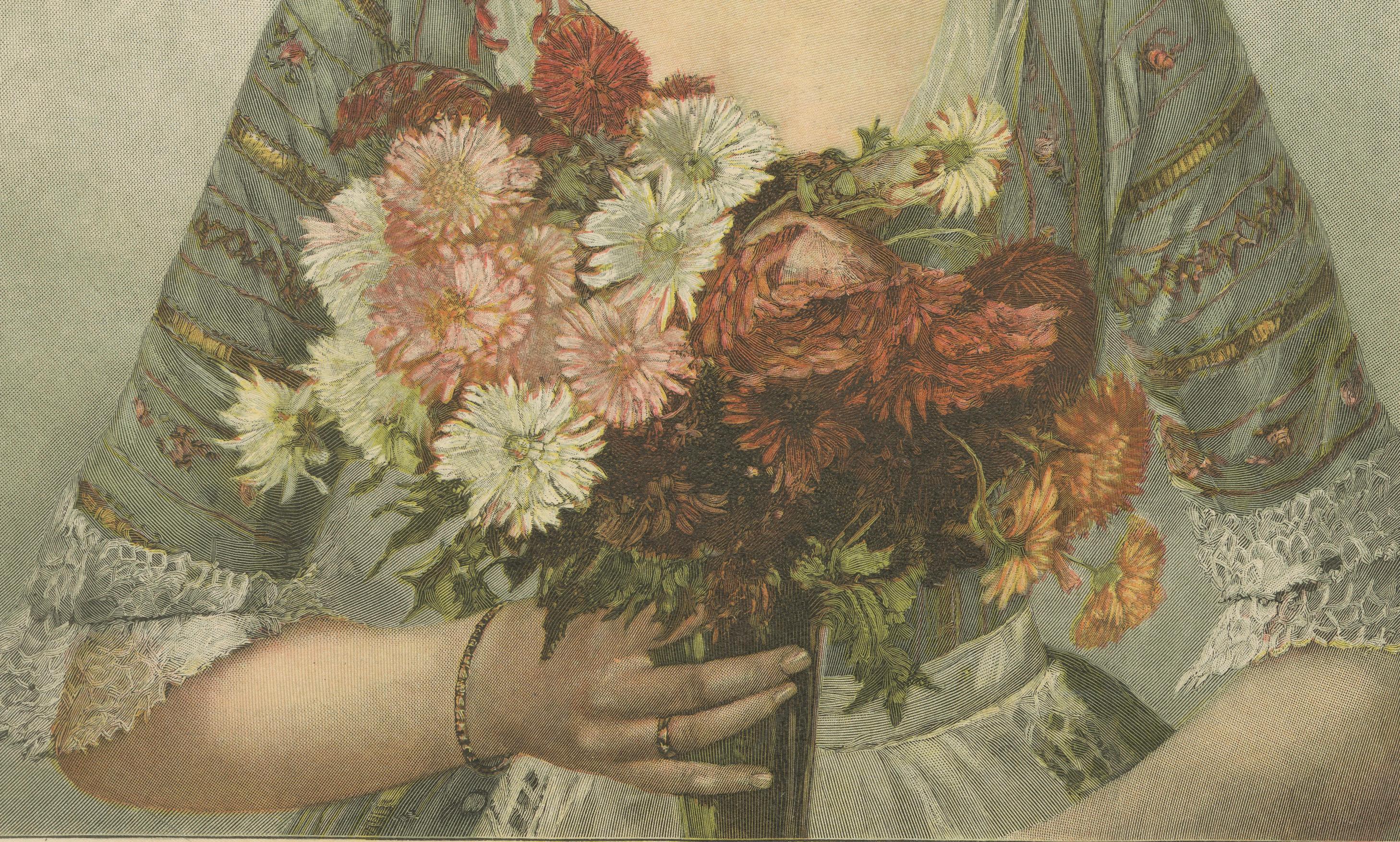 Porträt eines Blumenmädchens - Chromolithographie von Warthmüller aus dem 19. (Spätes 19. Jahrhundert) im Angebot