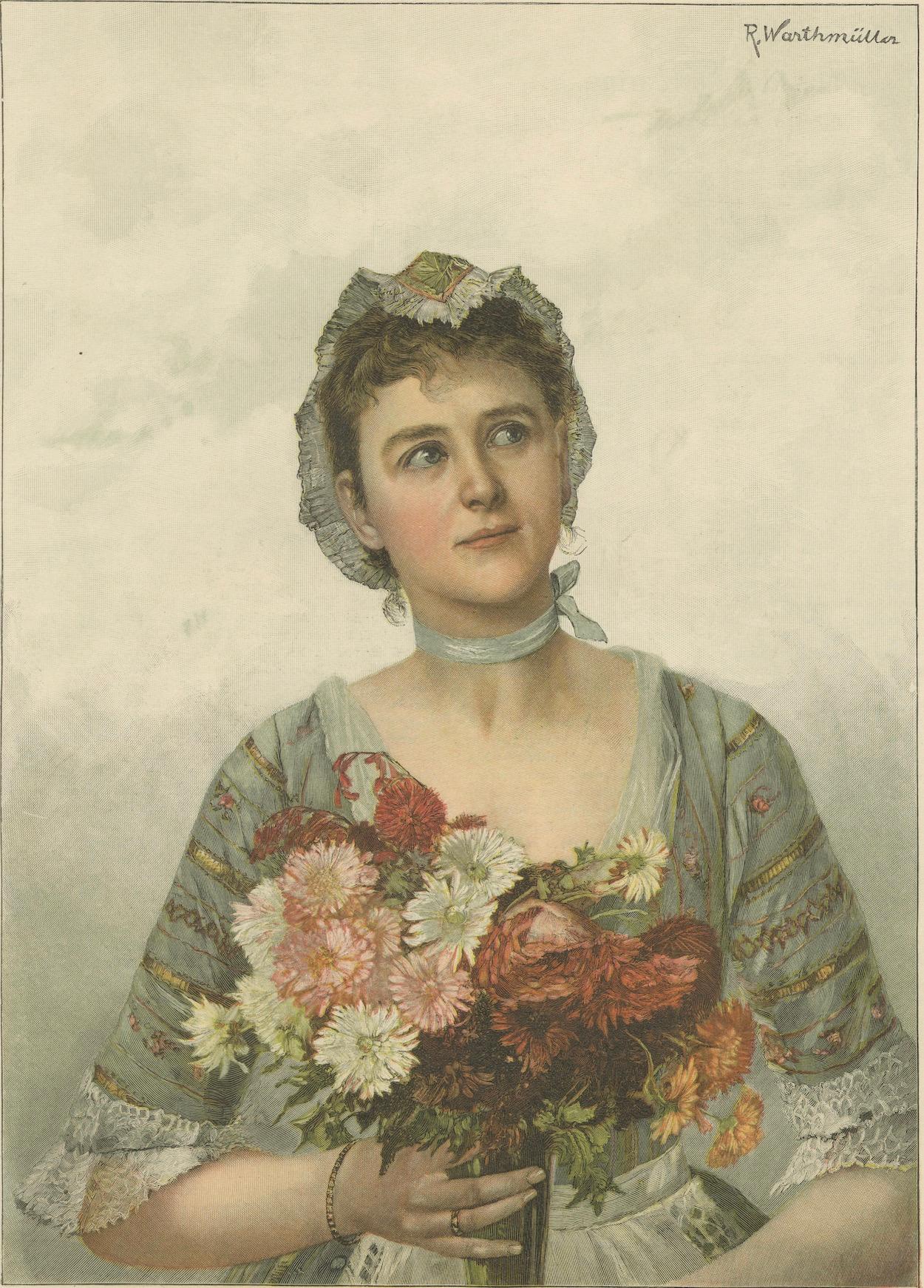 Porträt eines Blumenmädchens - Chromolithographie von Warthmüller aus dem 19. im Angebot 1
