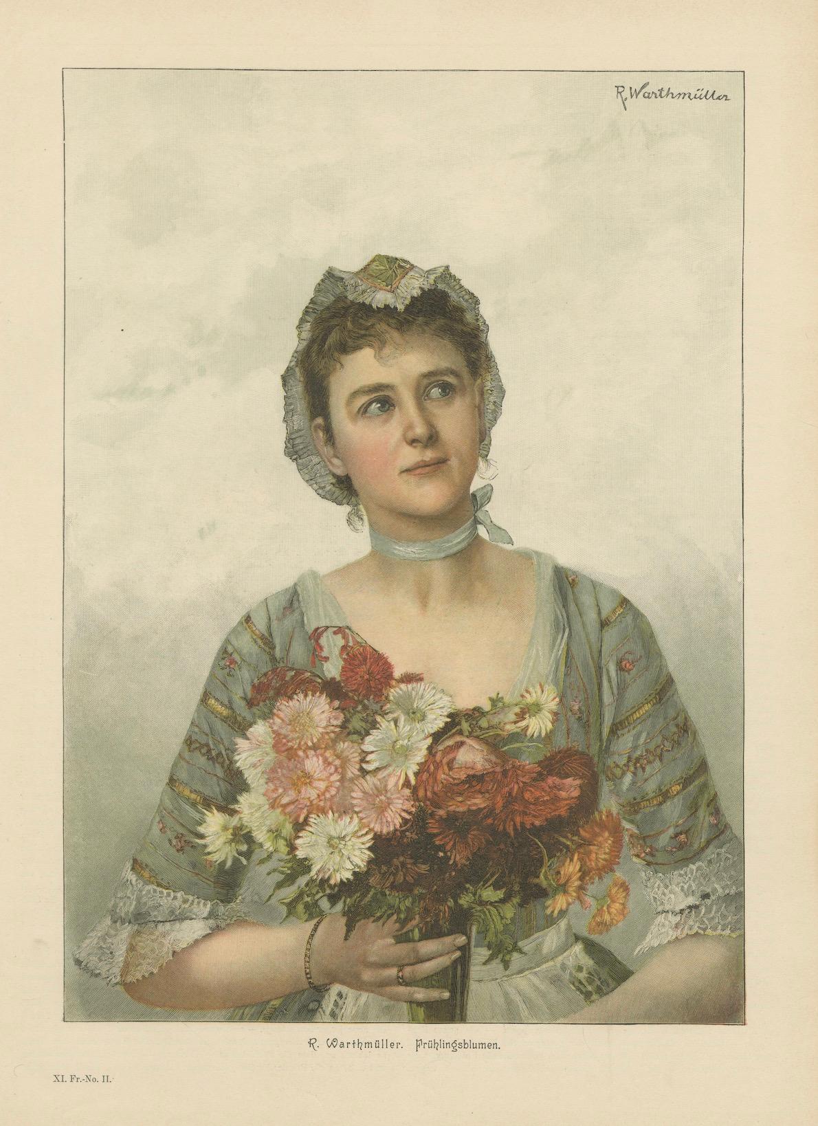 Porträt eines Blumenmädchens - Chromolithographie von Warthmüller aus dem 19. im Angebot 2