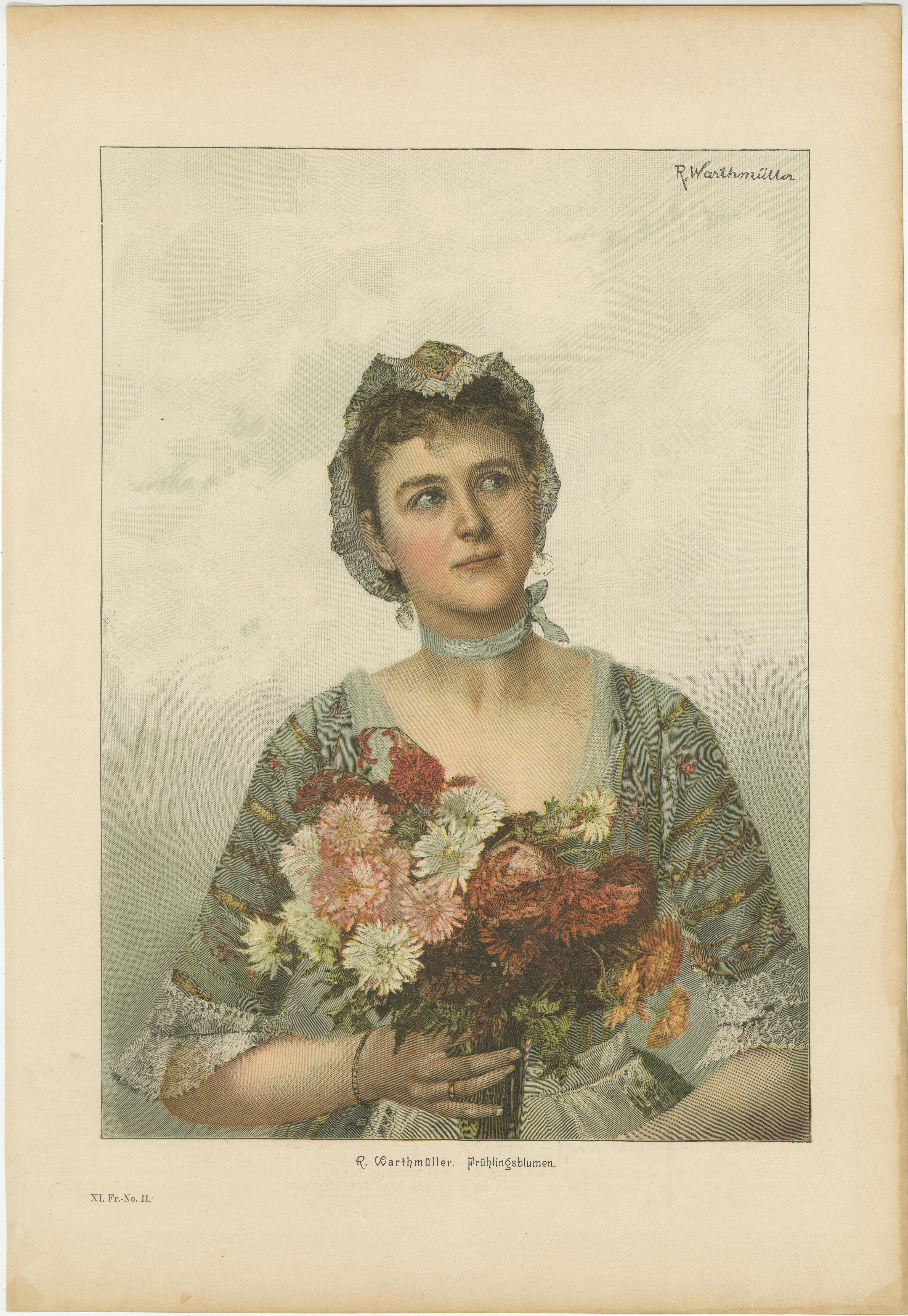 Porträt eines Blumenmädchens - Chromolithographie von Warthmüller aus dem 19. im Angebot 3