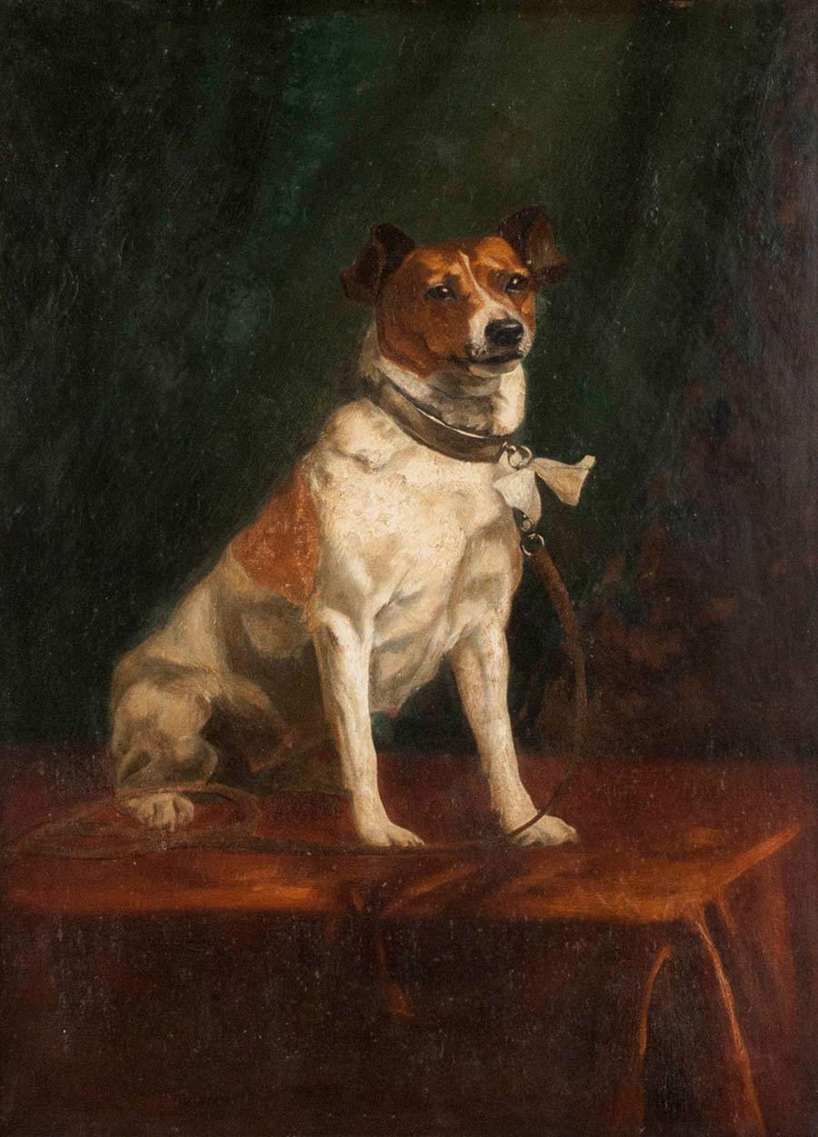 Beautiful portrait of a dog, it is a fox terrier. The dog is sitting on a table and has a nice bow on her collar.
This portrait is not signed. It was probably made in Belgium circa 1900. It is oil on canvas. The list is from the same period. The