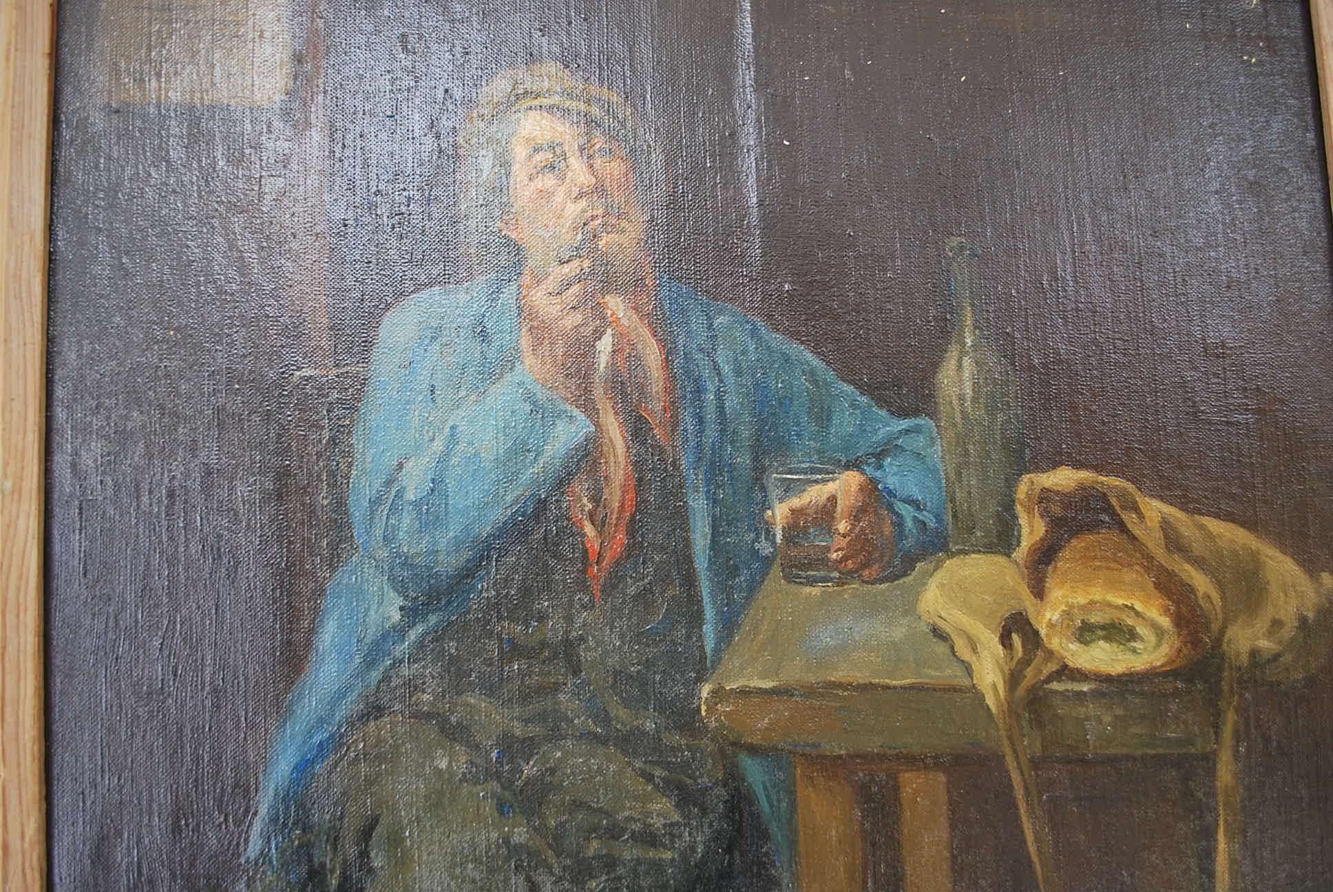 This is an antique oil on canvas painting of a French man enjoying his wine and baguette. Signed at bottom left corner Henri Breard. 
Henri Georges Breard is a French visual artist who was born in 1873.