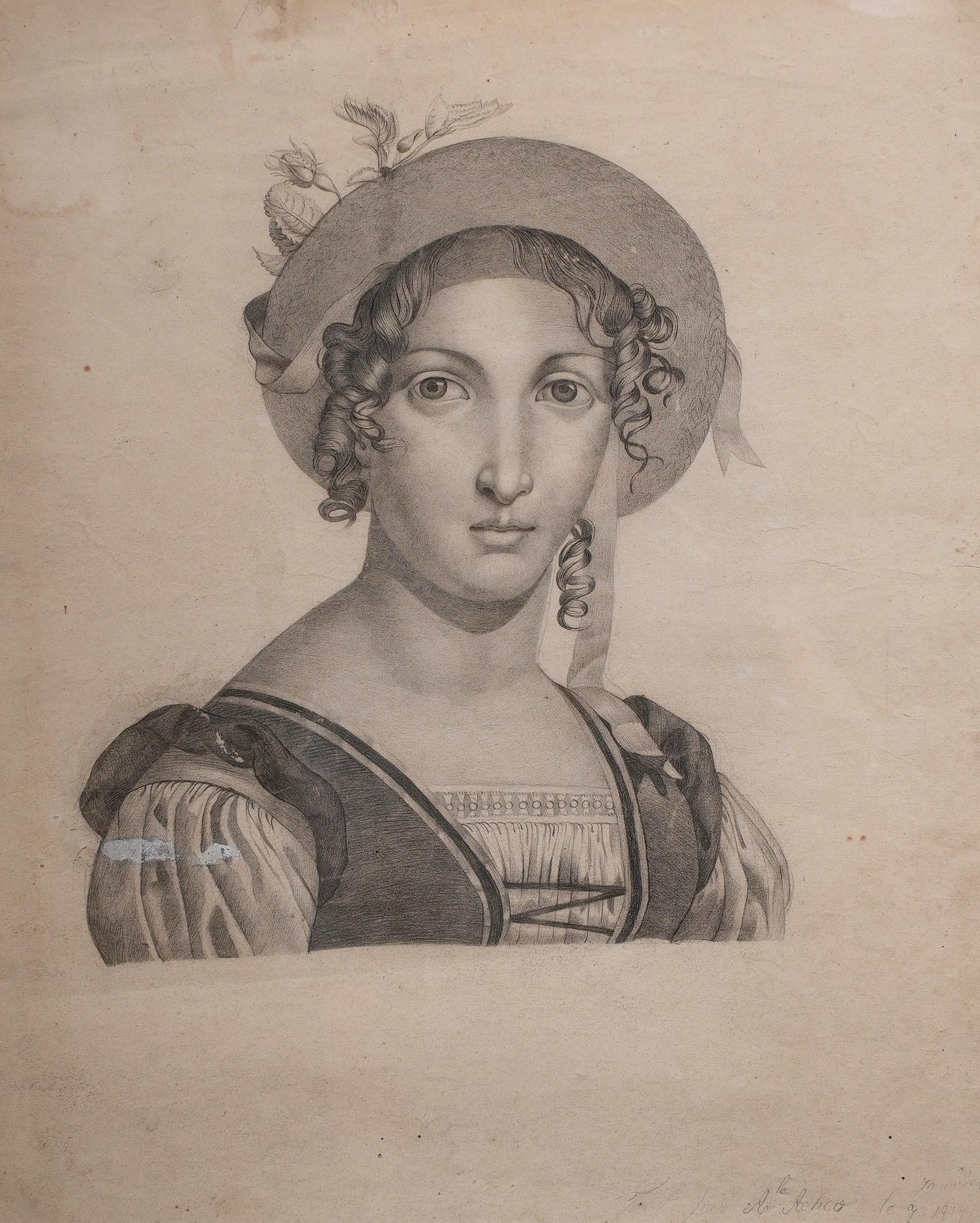 Drawing of a French woman, signed and dated “1817.” The woman wears a “troubadour” ensemble that could reflect either her *région d'origine* or point to the Romantic, new-medieval vogue of the post-Napoleonic period. She’s framed in a modern rustic