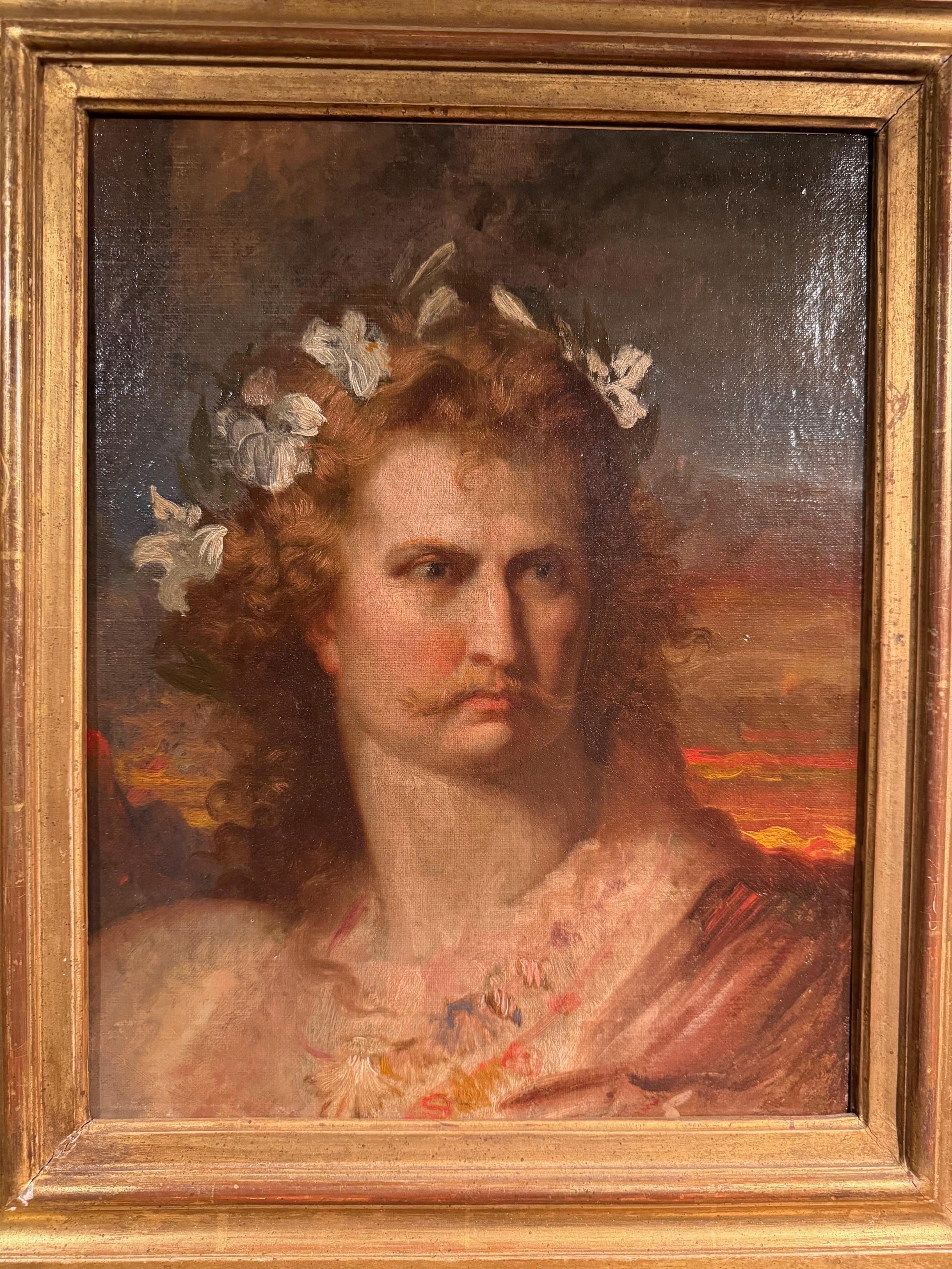 Öl auf Leinwand mit der Darstellung eines gallischen Kriegers, der eine Blumenkrone trägt, oder eines Druiden? 
Deutsche romantische Schule, die Carl Friedrich LESSING (1808-1880) zugeschrieben wird. Der Historien- und Landschaftsmaler der