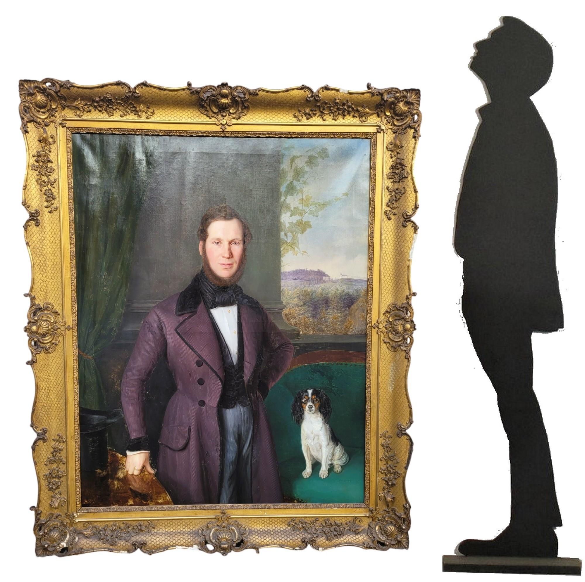 Gran retrato de un caballero con levita, posando con su perro

Óleo sobre lienzo, enmarcado, sin firmar pero realizado con gran talento, mediados del siglo XIX

Lienzo sin reentelar, repintado antiguo - desgaste y pérdidas en el marco