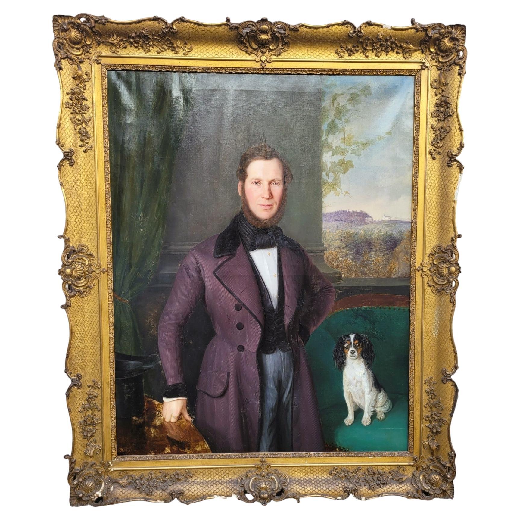 Ritratto di un gentiluomo e del suo cane (h160cm), con cornice, XIX secolo