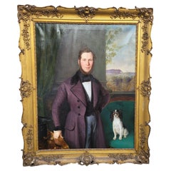 Ritratto di un gentiluomo e del suo cane (h160cm), con cornice, XIX secolo