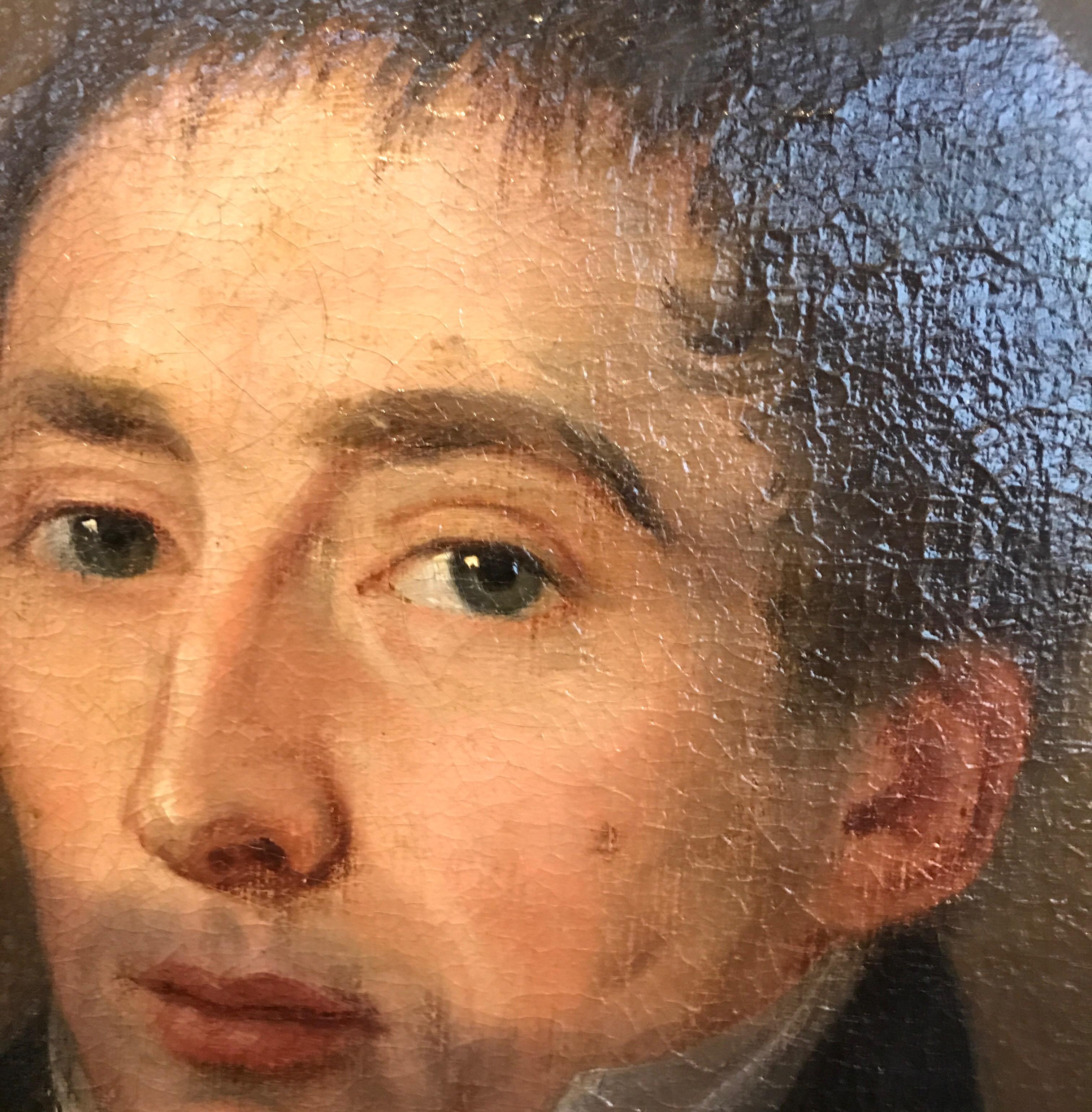 A late 18th-early 19th century French portrait on canvas attributed to Artist Pierre P. Prud'hon. The painting is on canvas and mounted on board with an appropriate recent frame. This painting has a small painted area in the upper right corner. The