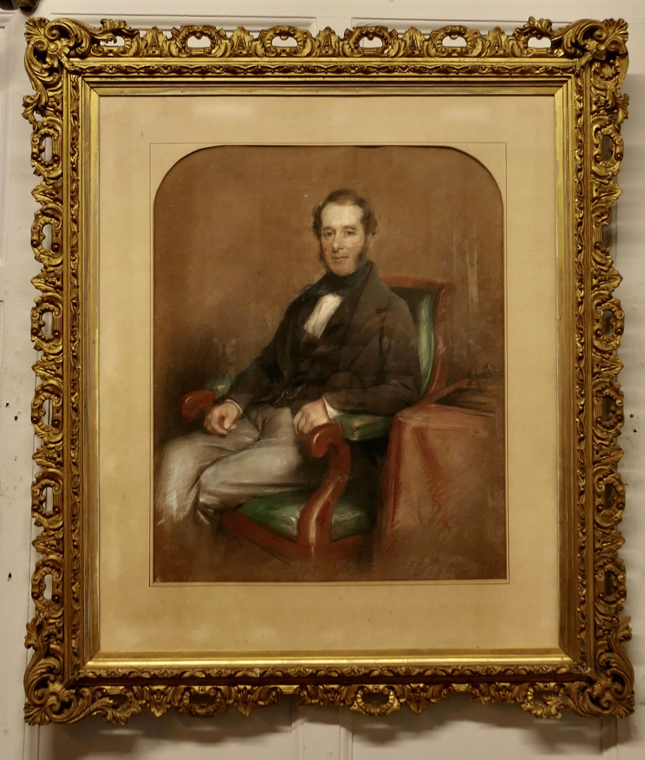 Portrait of a Gentleman in pastel and Charcoal by Thomas Price Downes

A Beautifully executed piece of an unnamed Gentleman sitting in a chair at his desk
The Drawing is in fair condition and is set in the original pierced gilt 4”frame which is 37”
