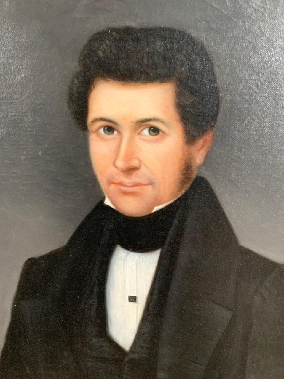 Very nice oil painting of a young man of quality. This finely detailed bust portrait depicts him in dandy costume. The man is looking at us from 3/4 showing the artist's mastery of perspective. 

The oil painting is smooth and of good quality.