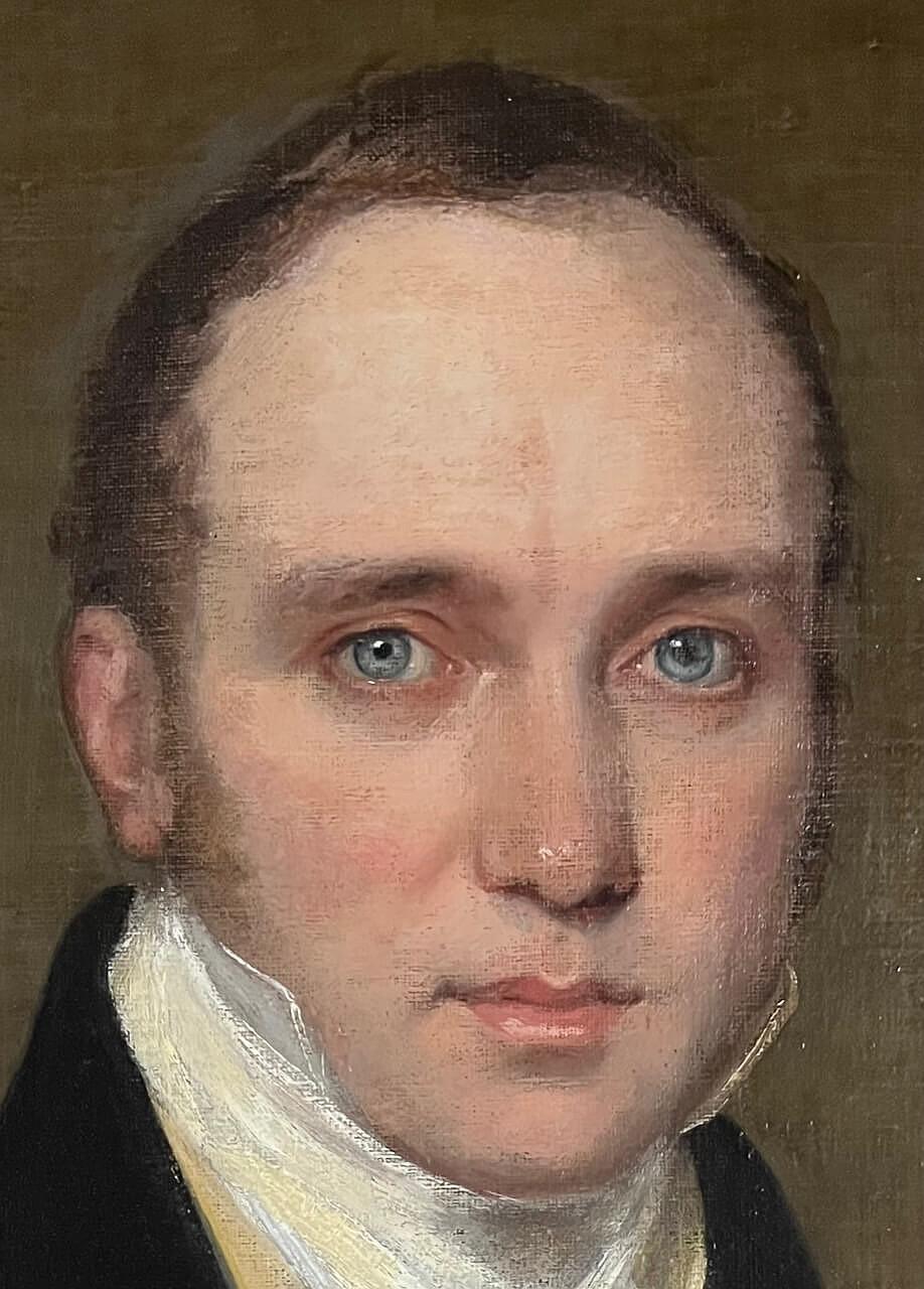 Hand-Crafted Portrait of a Gentleman with Piercing Blue Eyes, School of Raeburn, circa 1820 For Sale