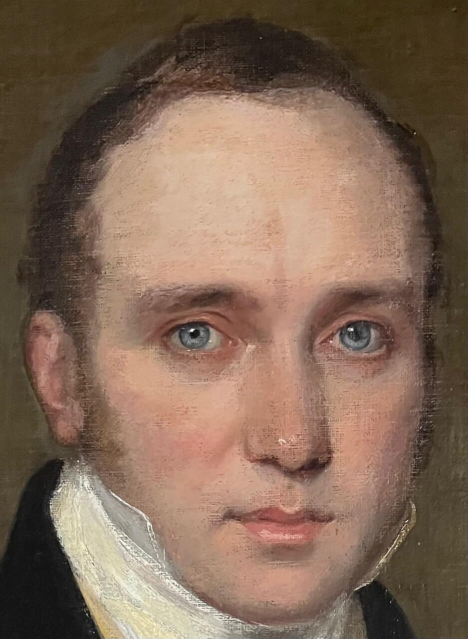 Portrait d'un gentleman aux yeux bleus et perçants, école de Raeburn, vers 1820 Bon état - En vente à Kinderhook, NY