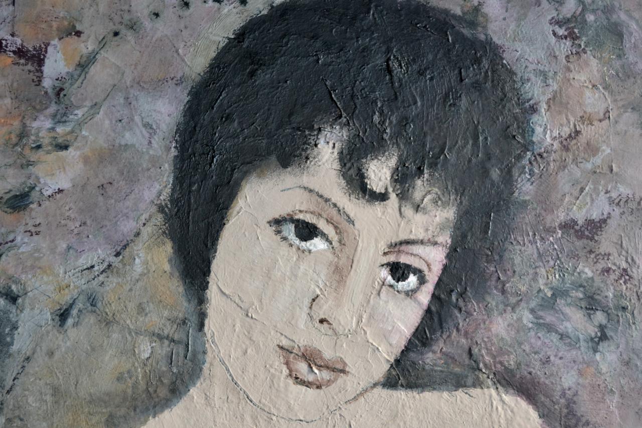 Portrait of a girl with dark hair, undated [circa 1964],
oil on board, unsigned. Purchased from family by descent

Well framed.