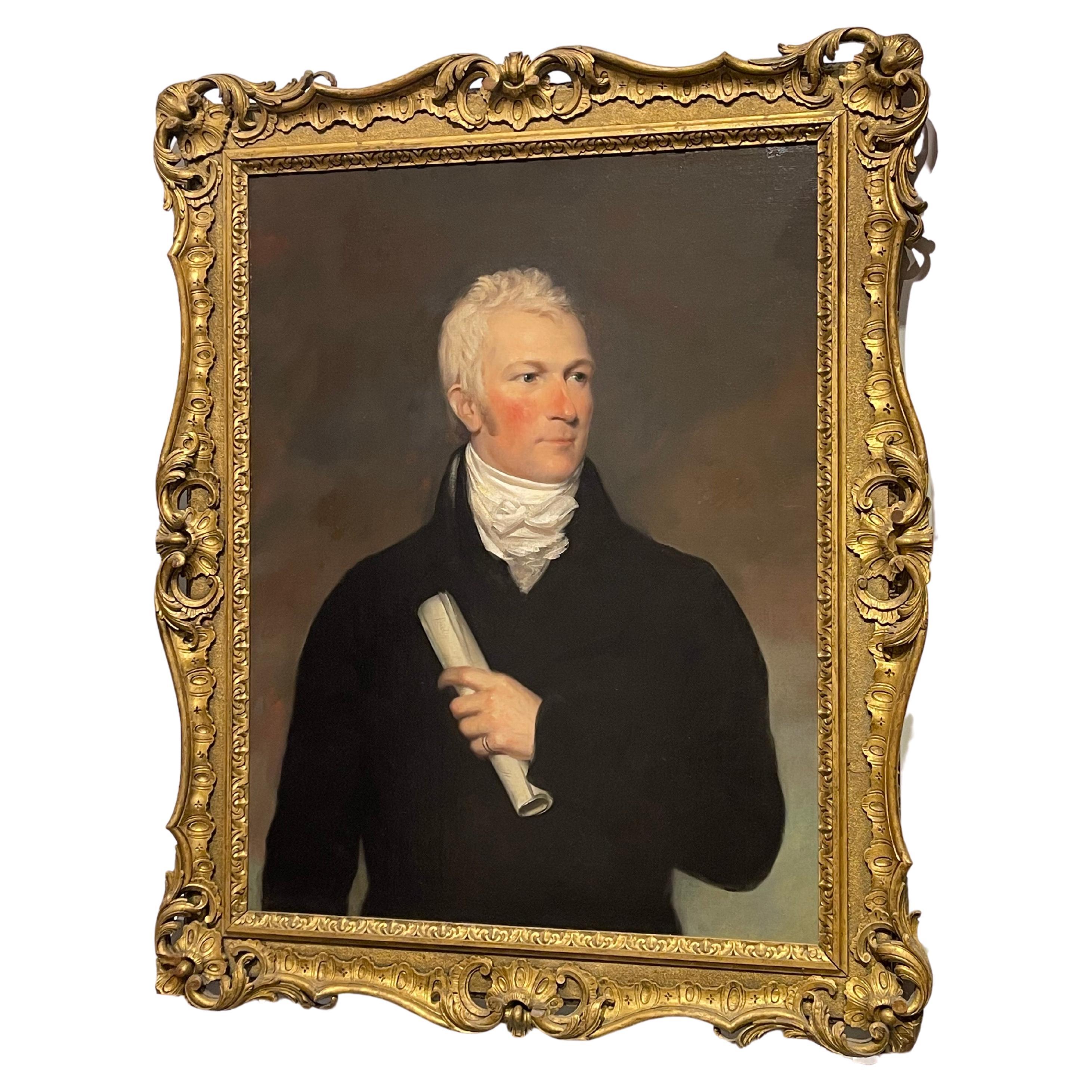  Une belle huile sur toile d'un homme d'Etat américain ou anglais.  Tenant un parchemin sur lequel on peut lire 