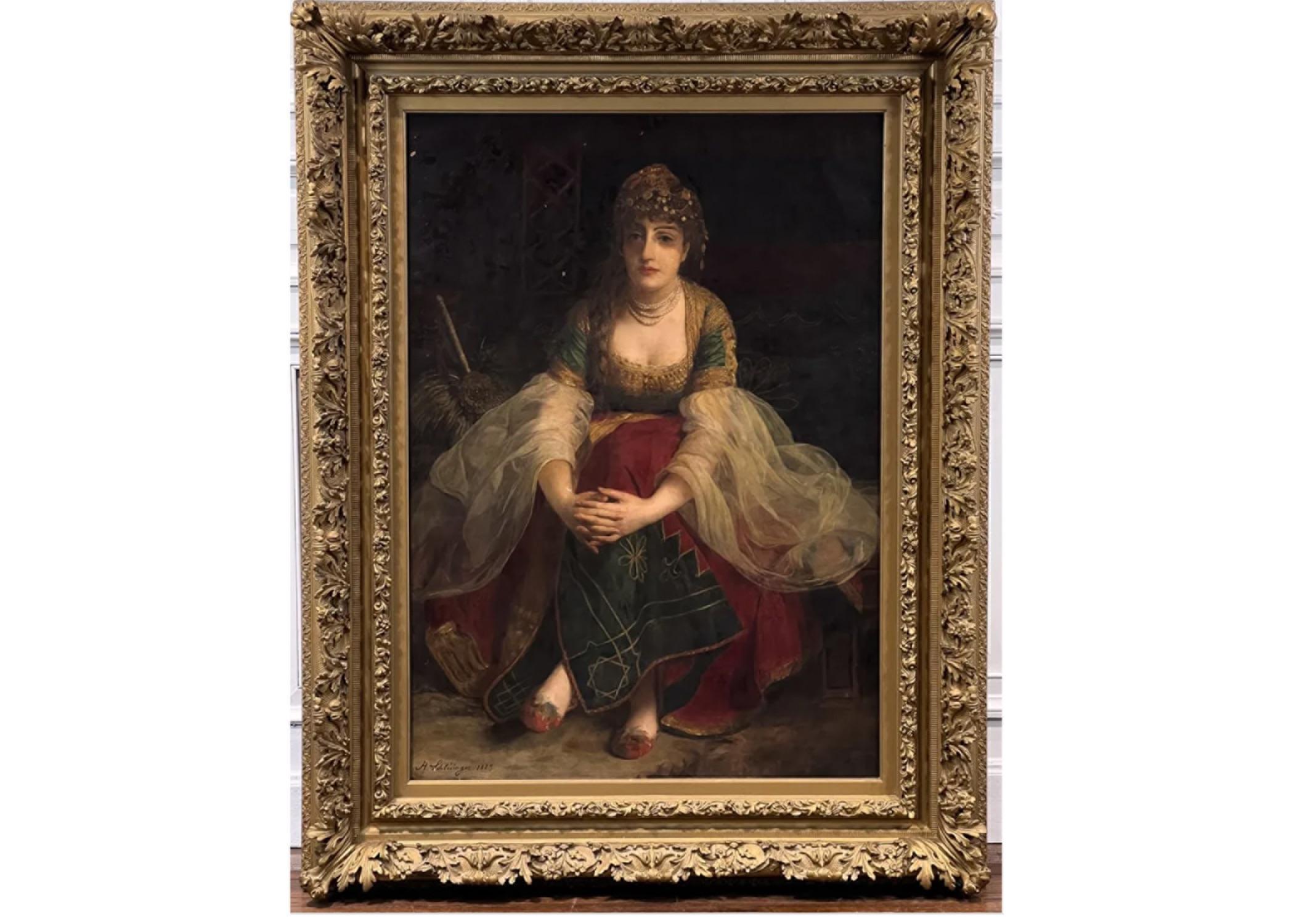 Portrait Of A Harem Beauty, Oil In Canvas, Signed And Dated 1885 Lower Left. 54 X 38 Inches, Period Frame 70 X 54 X 5 Inches. 