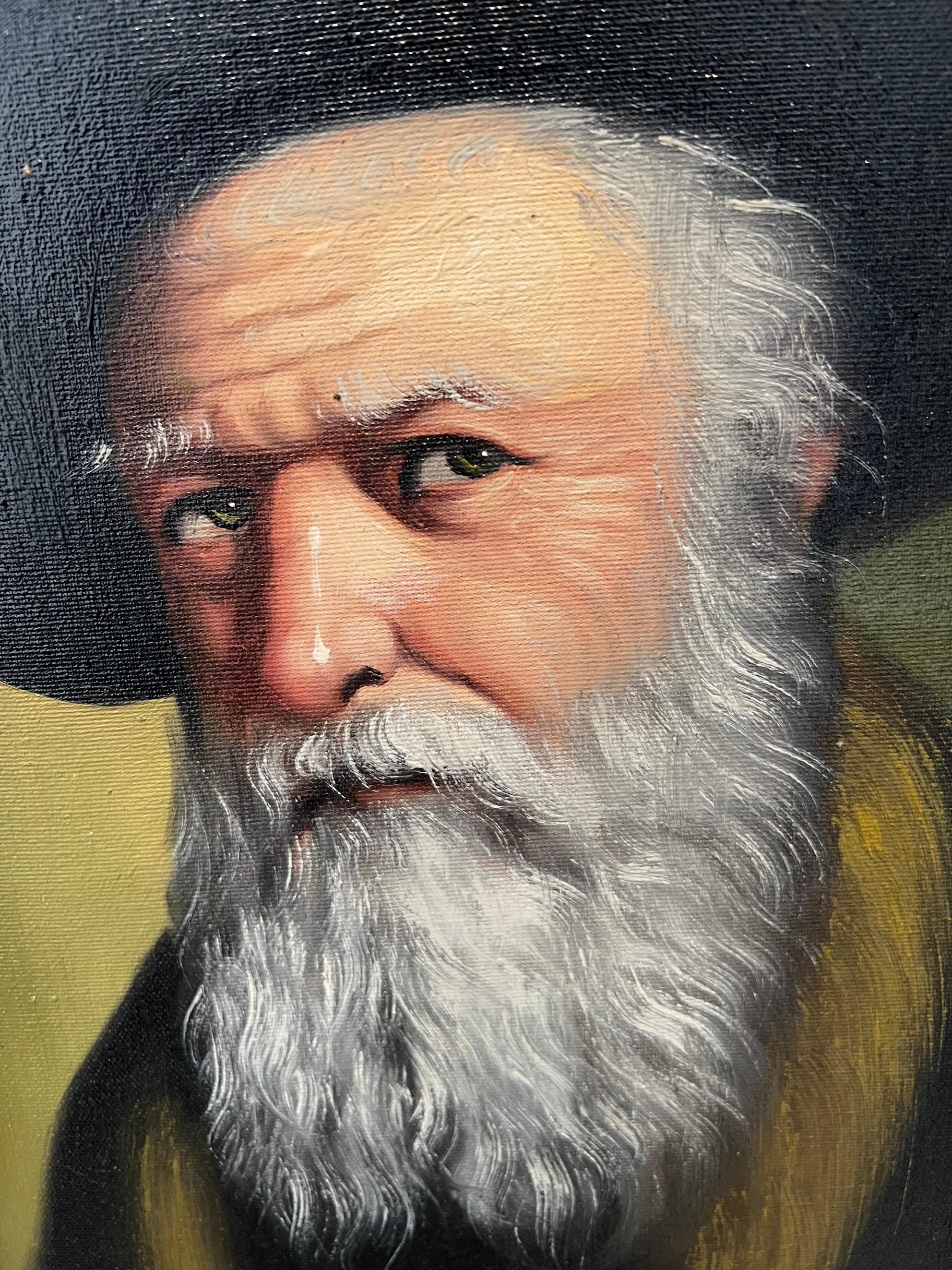 Oil painting on canvas depicting the portrait of a rabbi by David Pelbam, US artist.

Artist David Pelbam was born in Rhode Island in 1932. His creativity was inspired by the shipyard where his father worked, and he often used dockworkers and ship