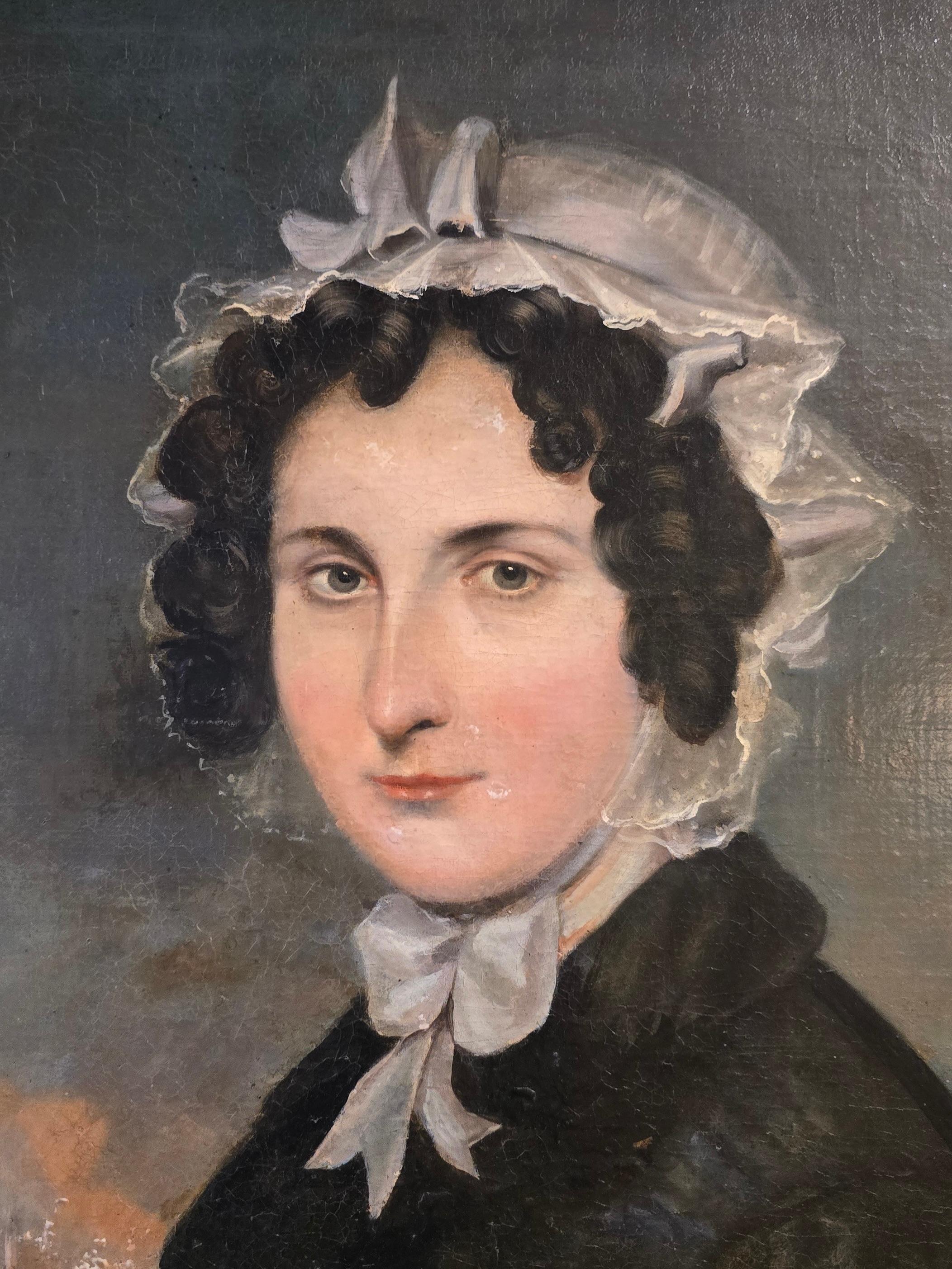 Primitive Volkskunst Malerei einer Dame.  Das Bild ist recht interessant, da im Hintergrund ein großes Landhaus zu sehen ist, das zu brennen scheint.  Ob es sich dabei um das Eigentum der Dame handelt, wo sie gearbeitet hat, oder um etwas anderes,