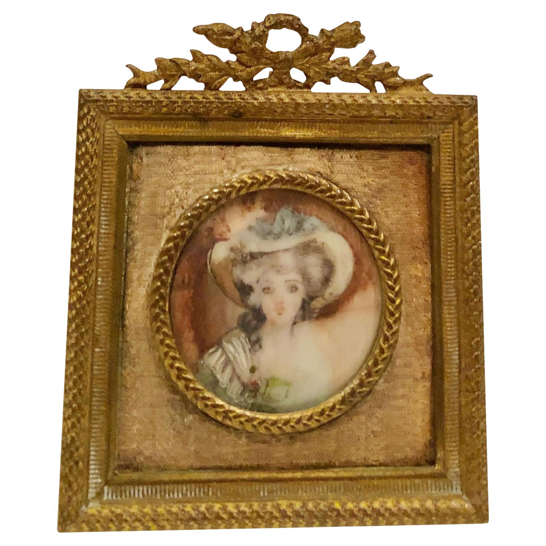 Portrait of a Lady Ion Ivory N a White Hat in Bronze Jewelry Frame For Sale