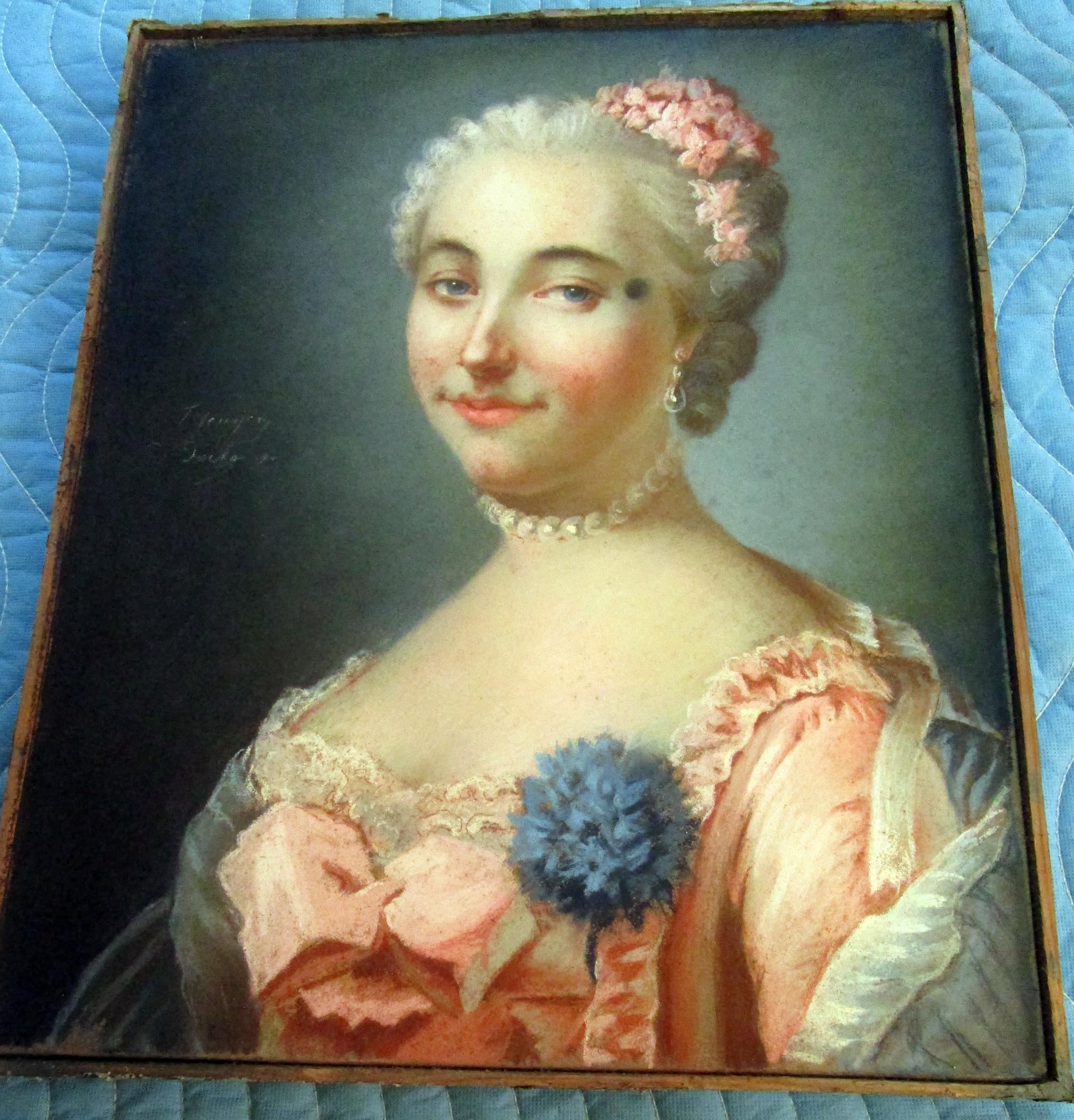 Louis XVI  18th Century French Pastel Portrait Noble Lady with Flowers For Sale
