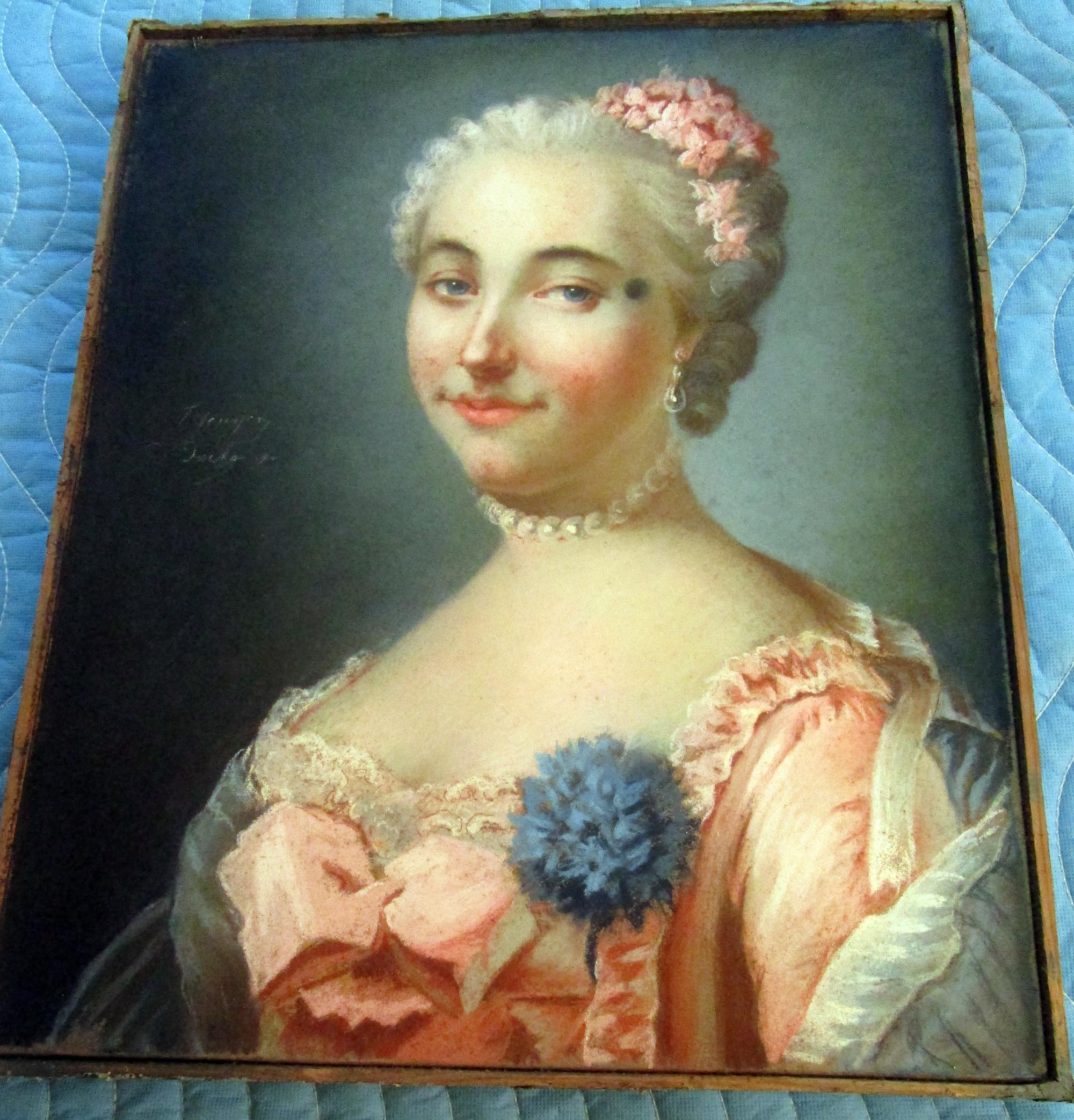 Louis XVI Portrait de dame noble au pastel du 18ème siècle avec fleurs