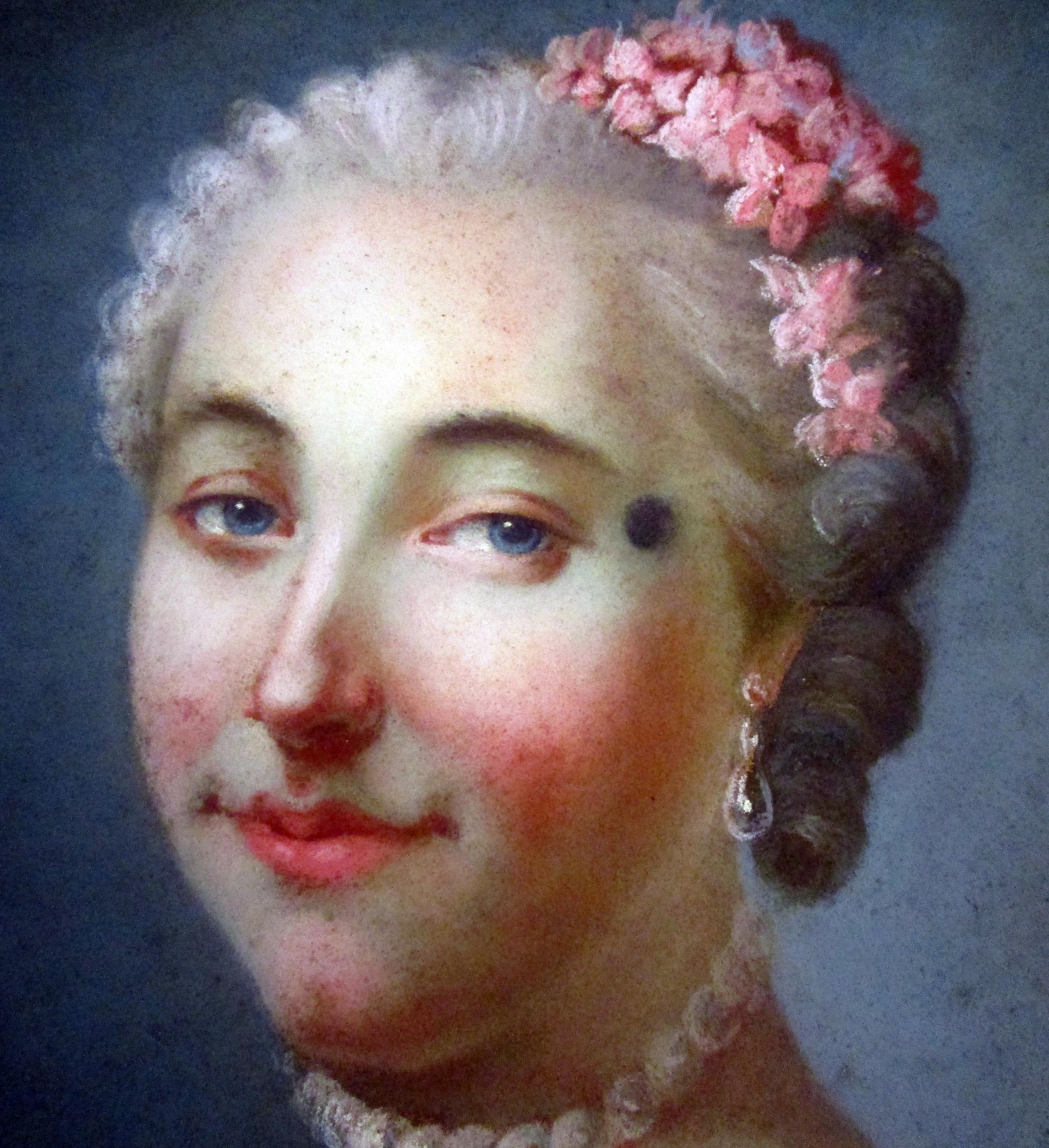 Painted  18th Century French Pastel Portrait Noble Lady with Flowers For Sale