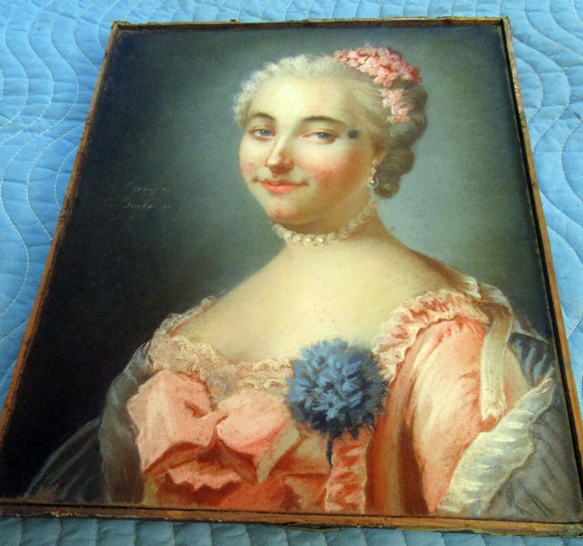 Peint  Portrait de dame noble au pastel du 18ème siècle avec fleurs en vente
