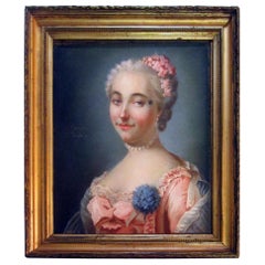 Retrato al pastel francés del siglo XVIII Dama noble con flores