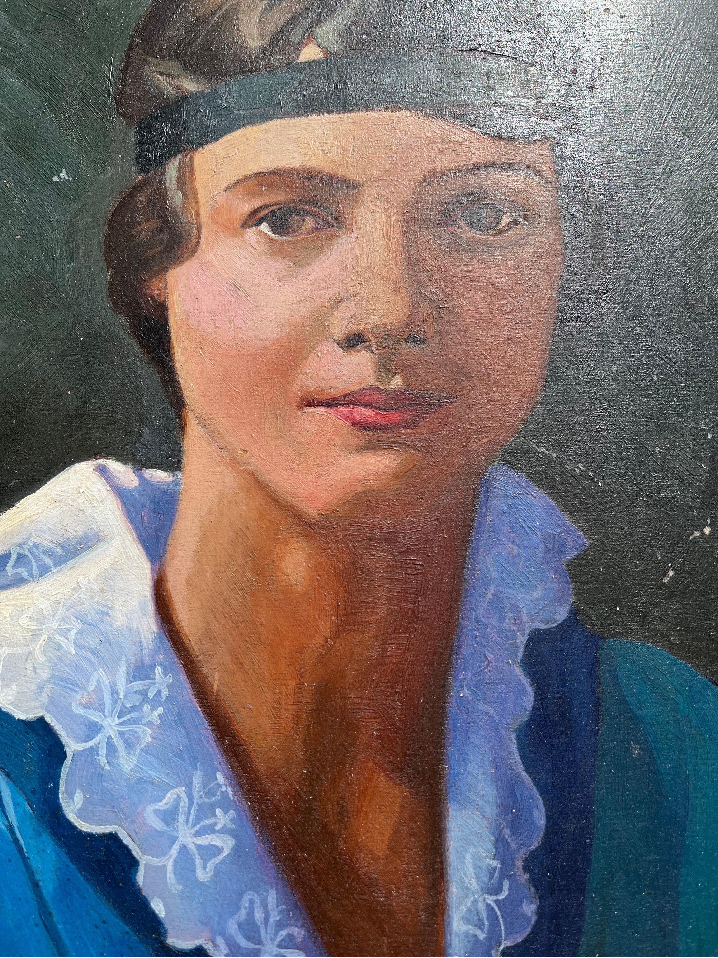 Very nice Portrait of a Lady on mohagony board 
signed, dated 1935

new frameless Swiss Corner clip hanging system - ready to hang

A nice resemblence to  Emilia Earhart.