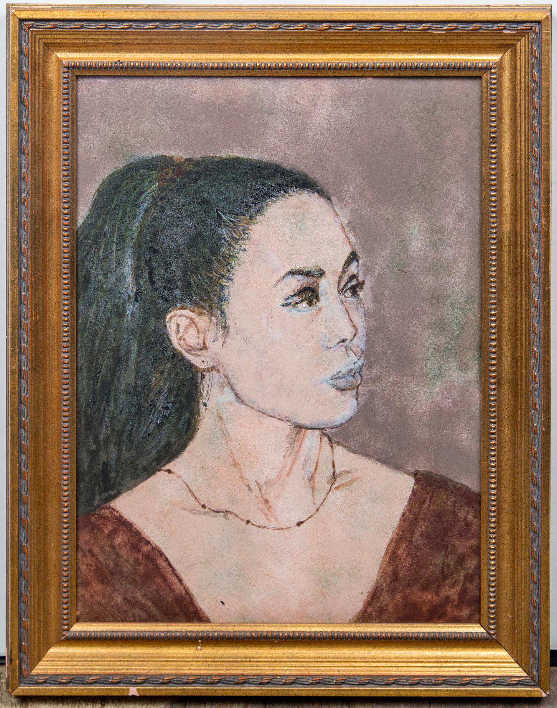 Mounted within a gilt wood frame, she poses. almost full face to the artist.
She wear a necklace with matching earrings.
Her long dark hair pulled back.
Unsigned
Not examined out of frame.