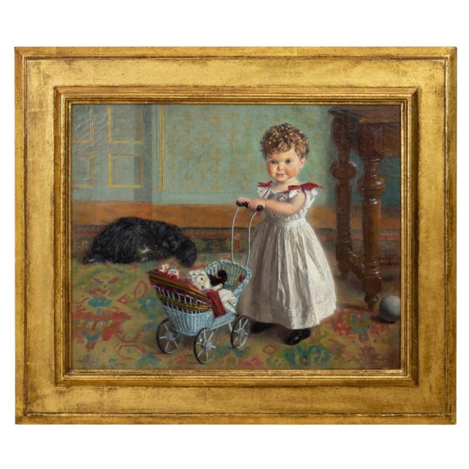 Portrait d'une petite fille à l'intérieur, huile sur toile, 1897 en vente