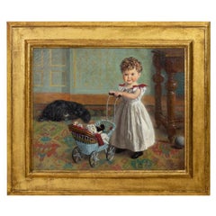 Antique Portrait of a Little Girl in Interior, Oil on Canvas, 1897