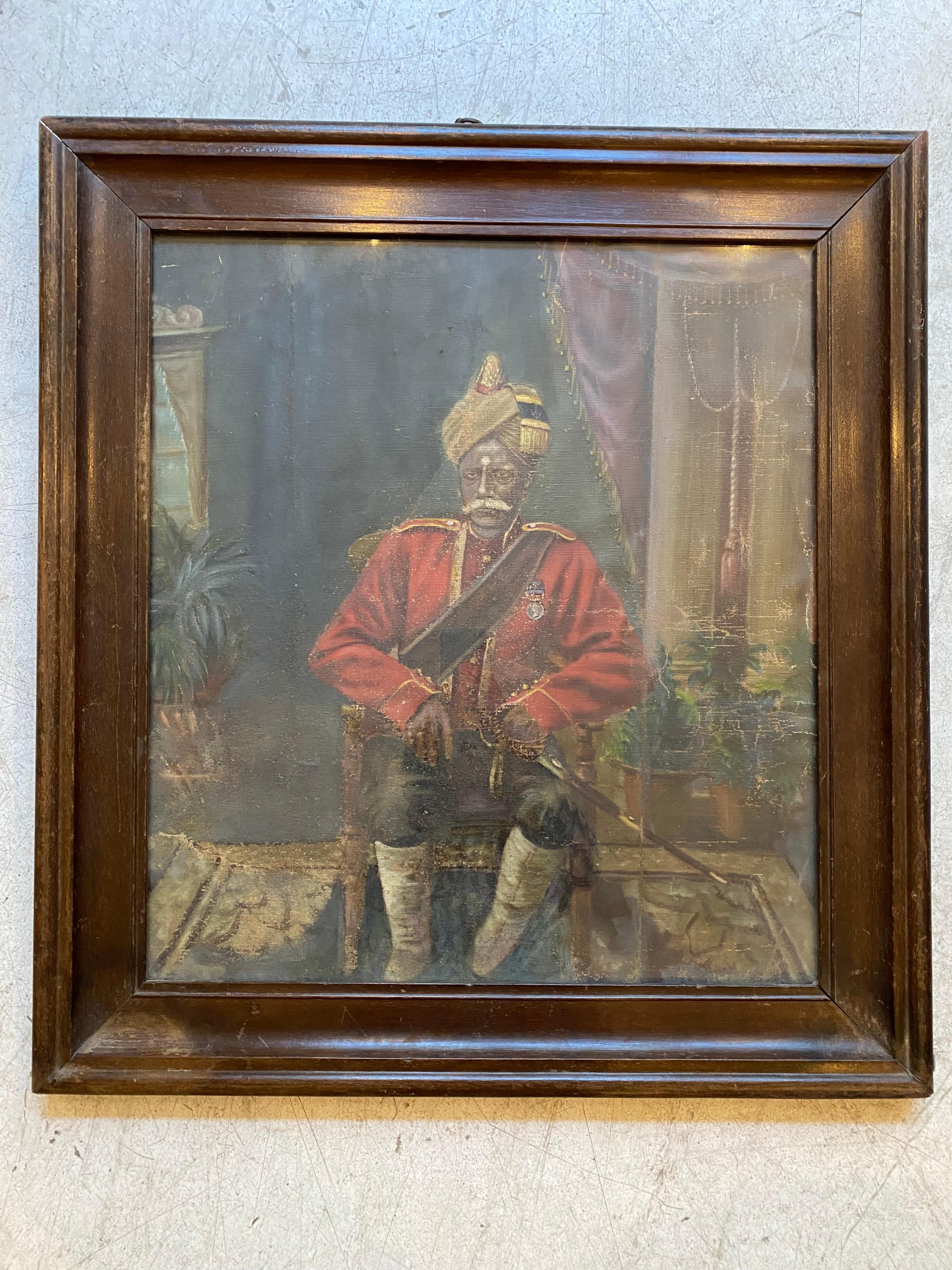 Nice Portrait of a Maharaja wearing milirary clothes. This elegant Indian with dark skin takes place in an élégant room typical of Indian antiques palaces. 
This oil on Canva is framed in an elegant teakwood frame under glass. 
Work by Indian