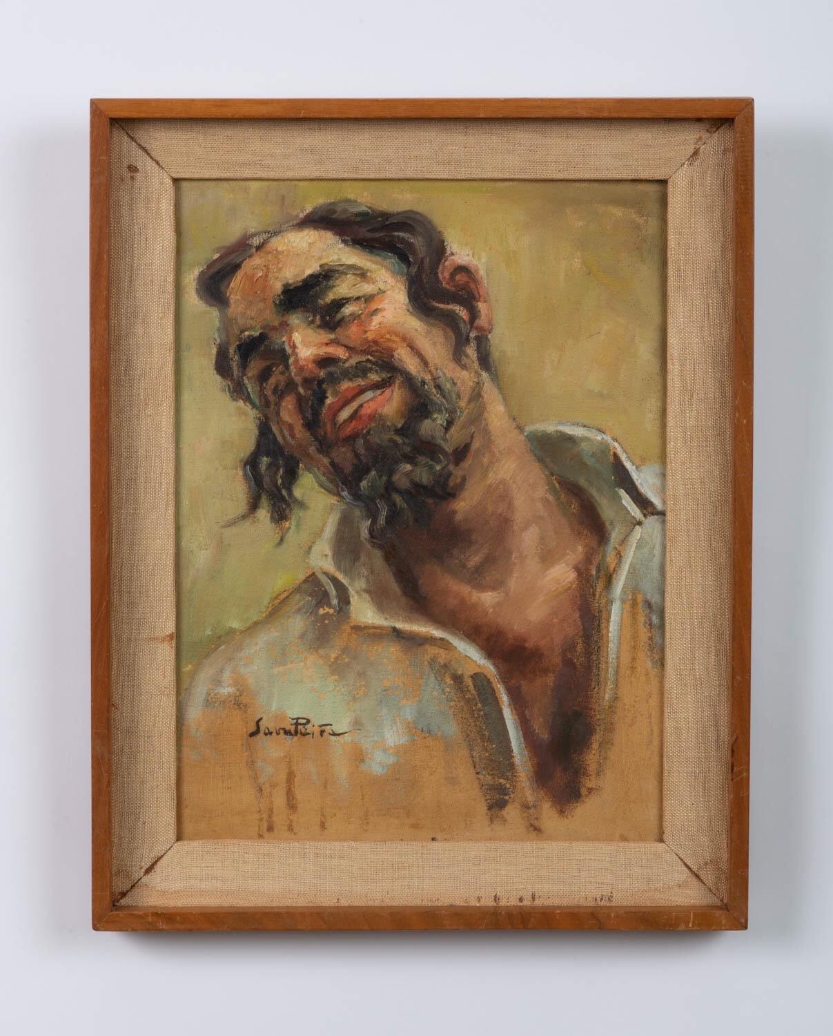 Oil painting on canvas by Sara Peita, depicting a portrait of a smiling man in the Post-Impressionist style. This piece features beautiful strokes of rich green blacks and soft pastel hues. Original linen mat and wood frame. Signed by