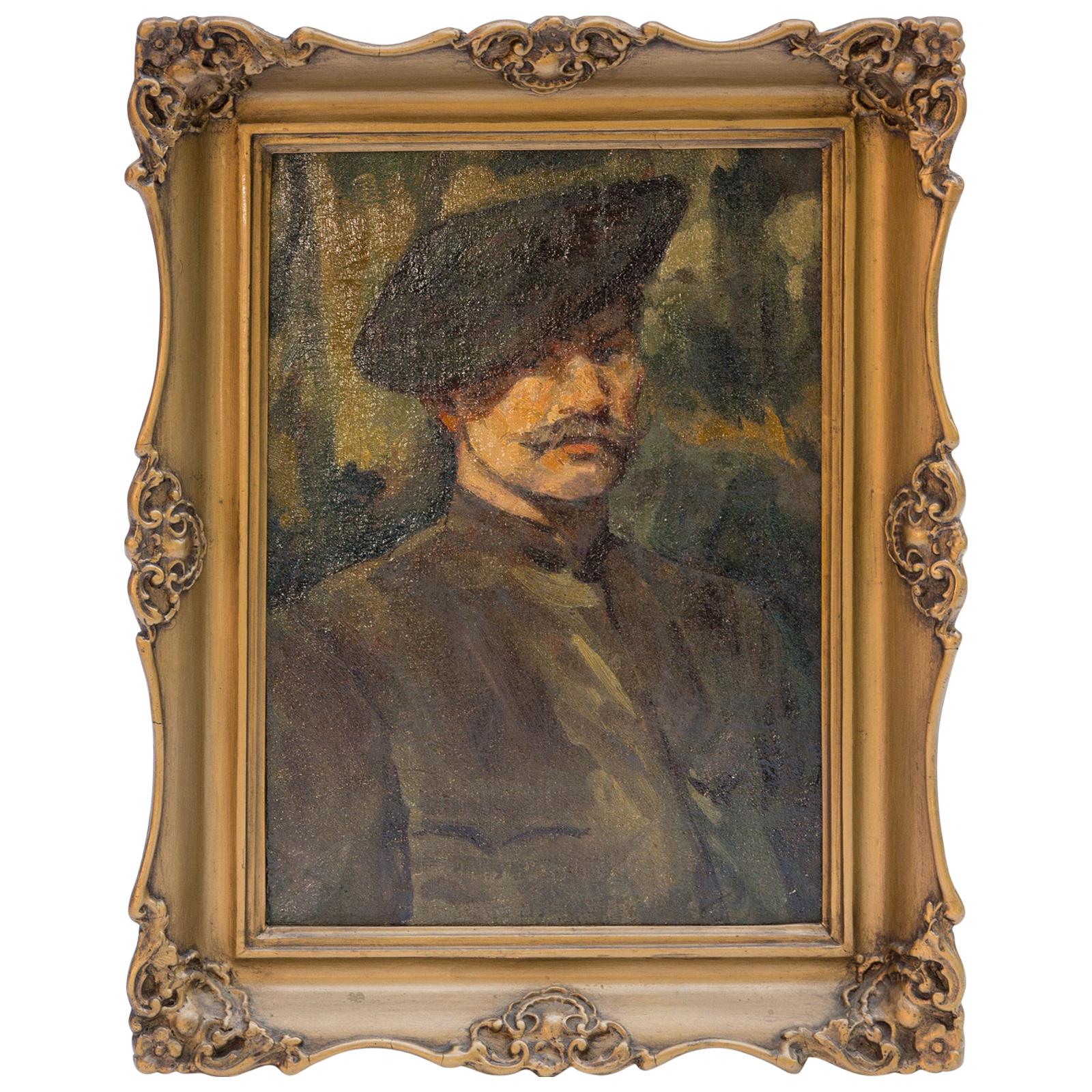 Portrait of a Man in a Beret, Oil on a Board, Early 20th Century For Sale